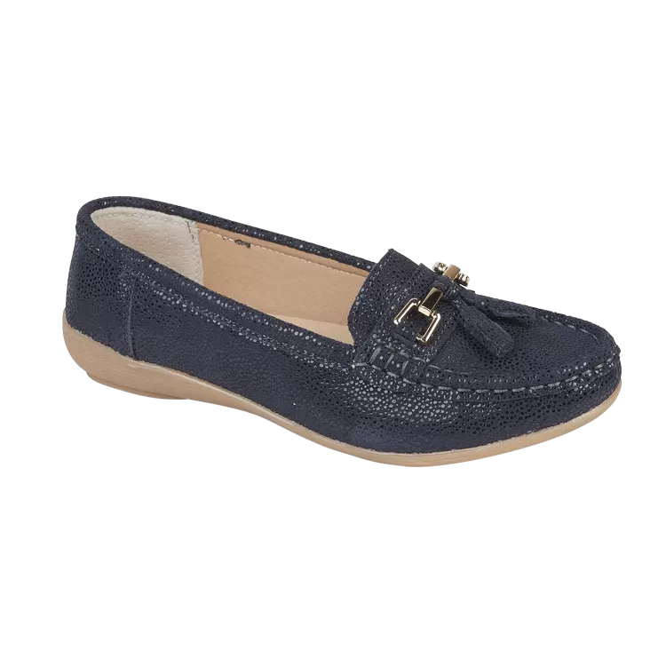 Ladies Leather Slip on Navy Shoes Tahiti Flat Jo & Joe