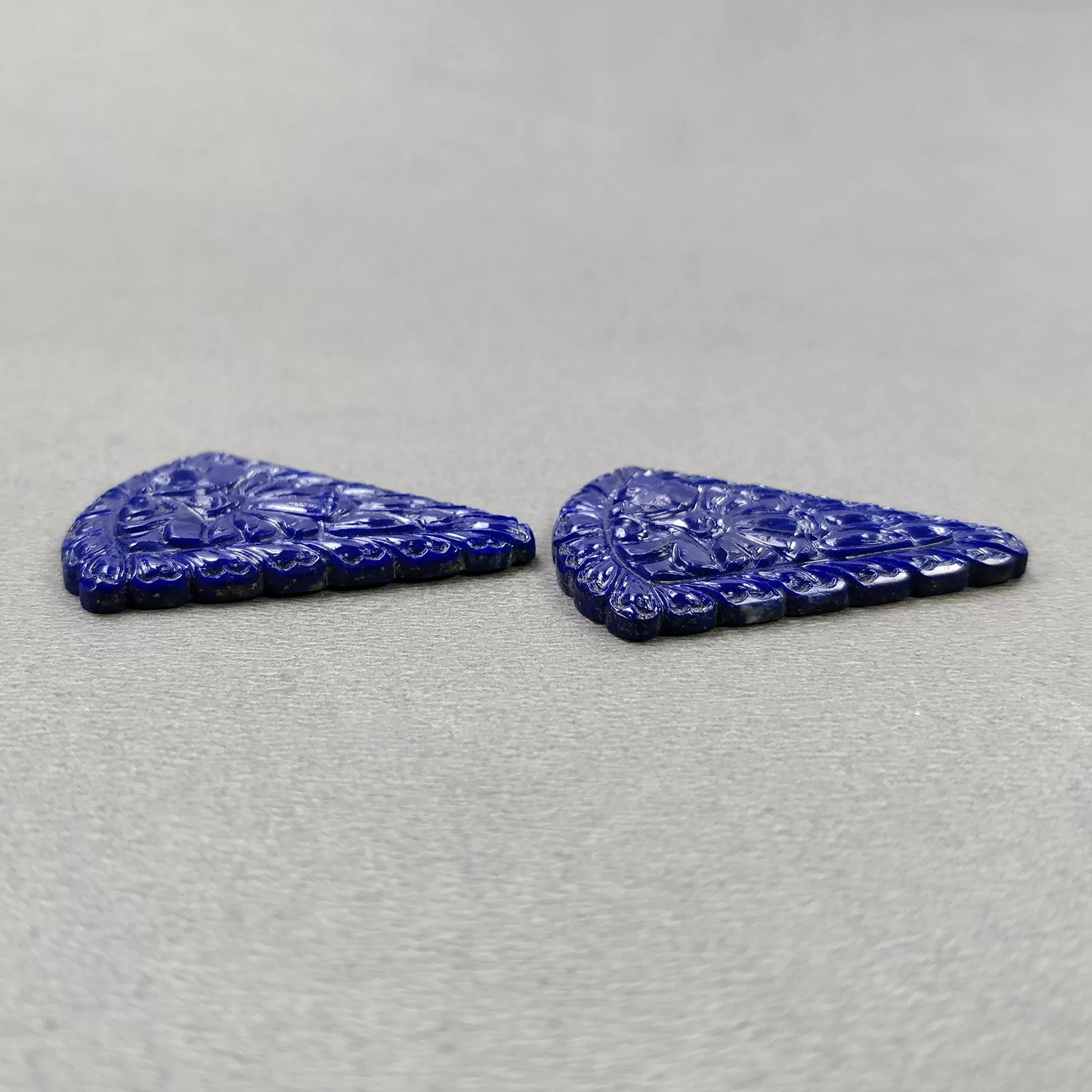 LAPIS LAZULI Gemstone Carving : 51.50cts Natural Untreated Lapis Hand Carved Triangle Shape 43.5*29mm Pair