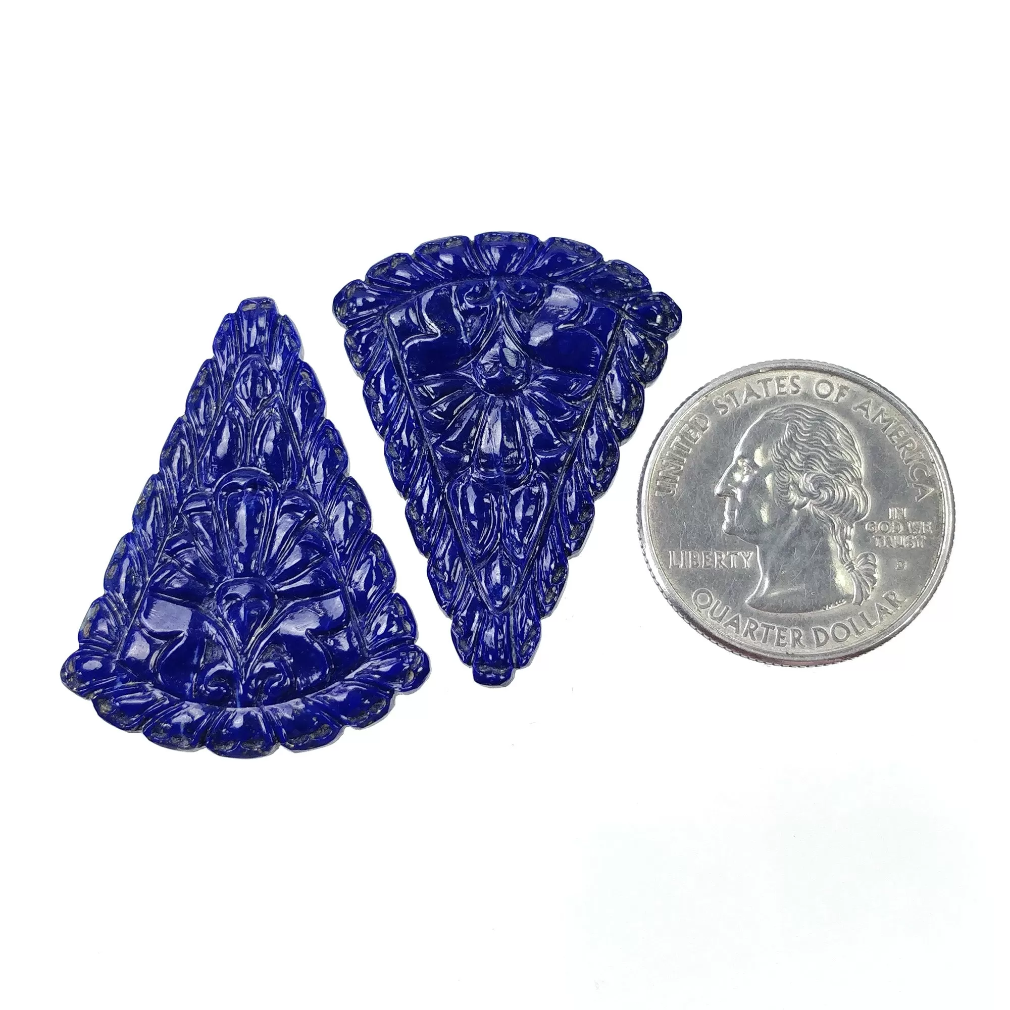 LAPIS LAZULI Gemstone Carving : 51.50cts Natural Untreated Lapis Hand Carved Triangle Shape 43.5*29mm Pair