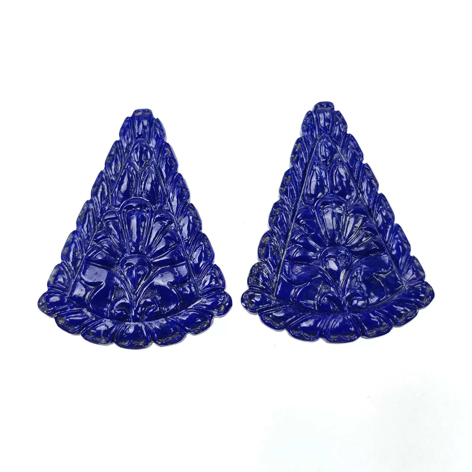 LAPIS LAZULI Gemstone Carving : 51.50cts Natural Untreated Lapis Hand Carved Triangle Shape 43.5*29mm Pair