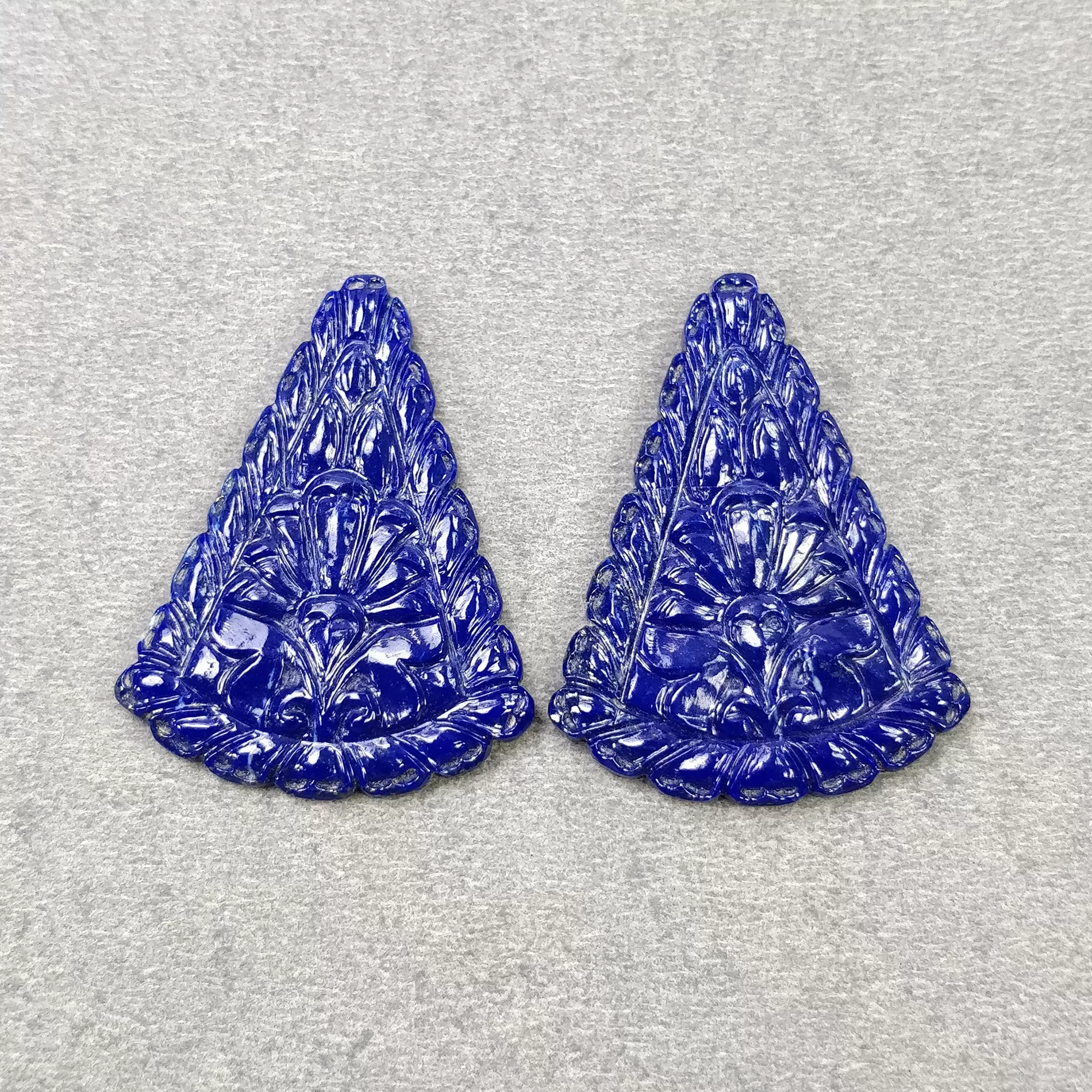 LAPIS LAZULI Gemstone Carving : 51.50cts Natural Untreated Lapis Hand Carved Triangle Shape 43.5*29mm Pair