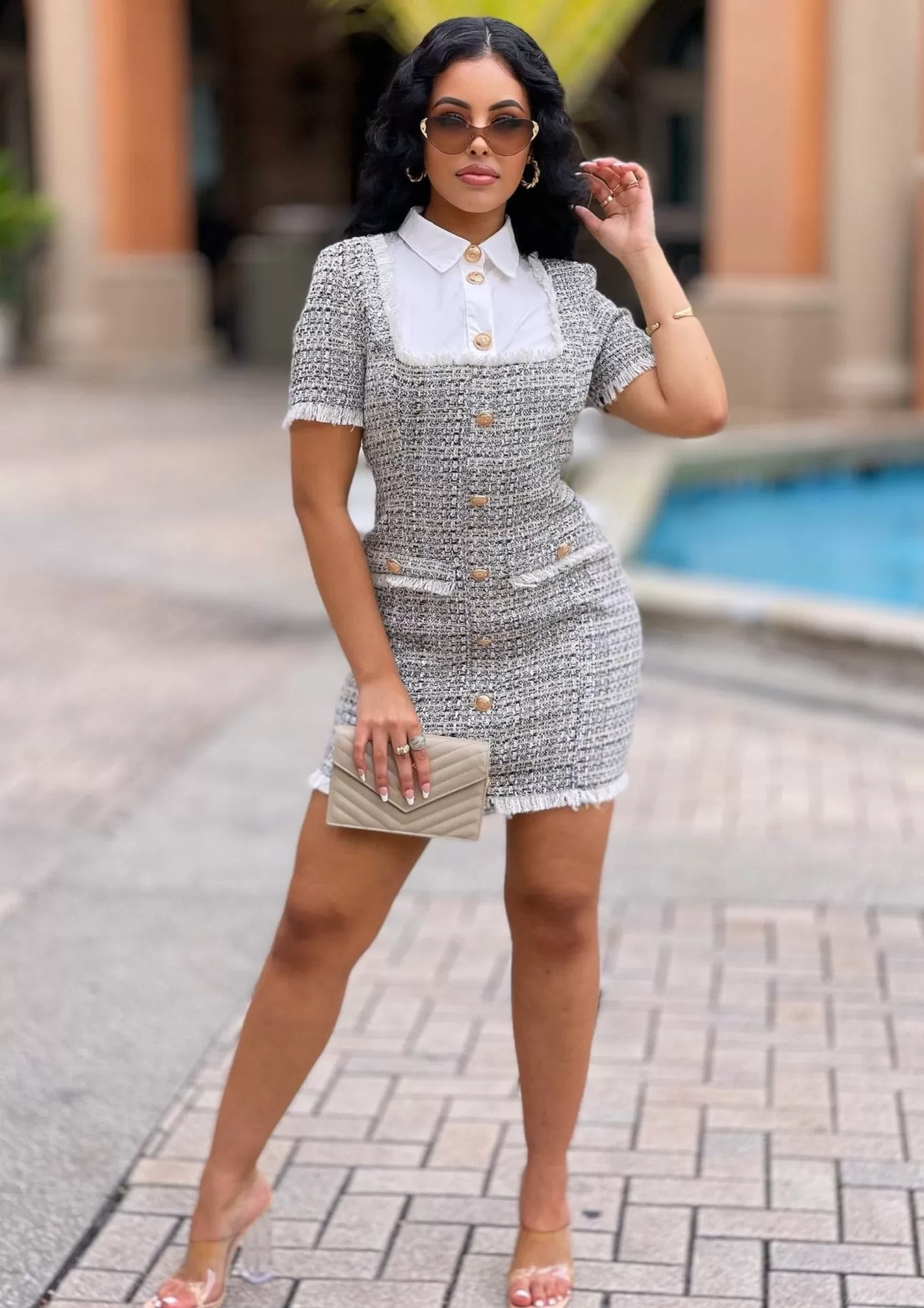 Leah Scoop Neck Black And White Tweed Mini Dress