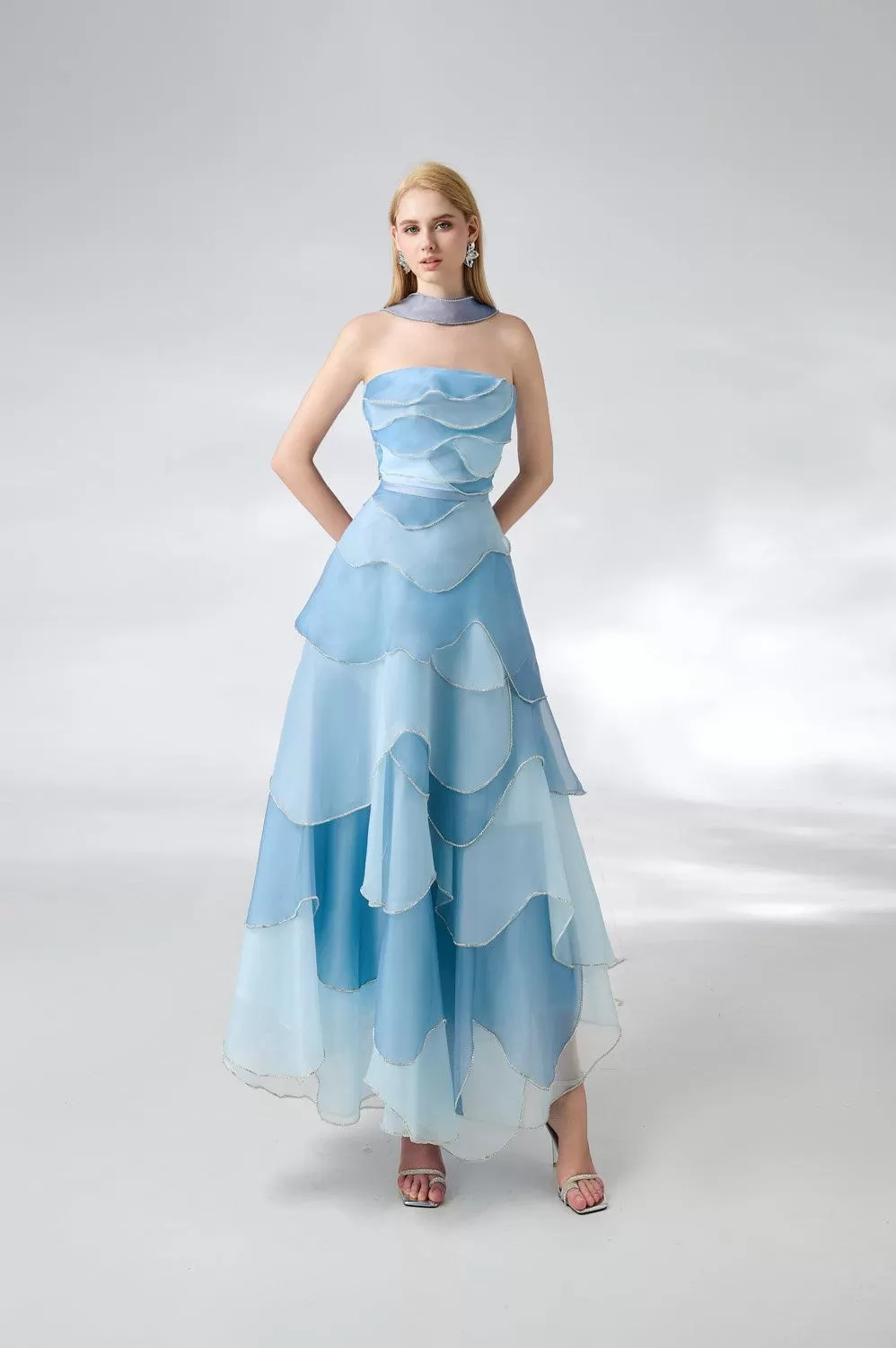 Leonard Layered Straight Across Neck Organza Ankle Length Dress