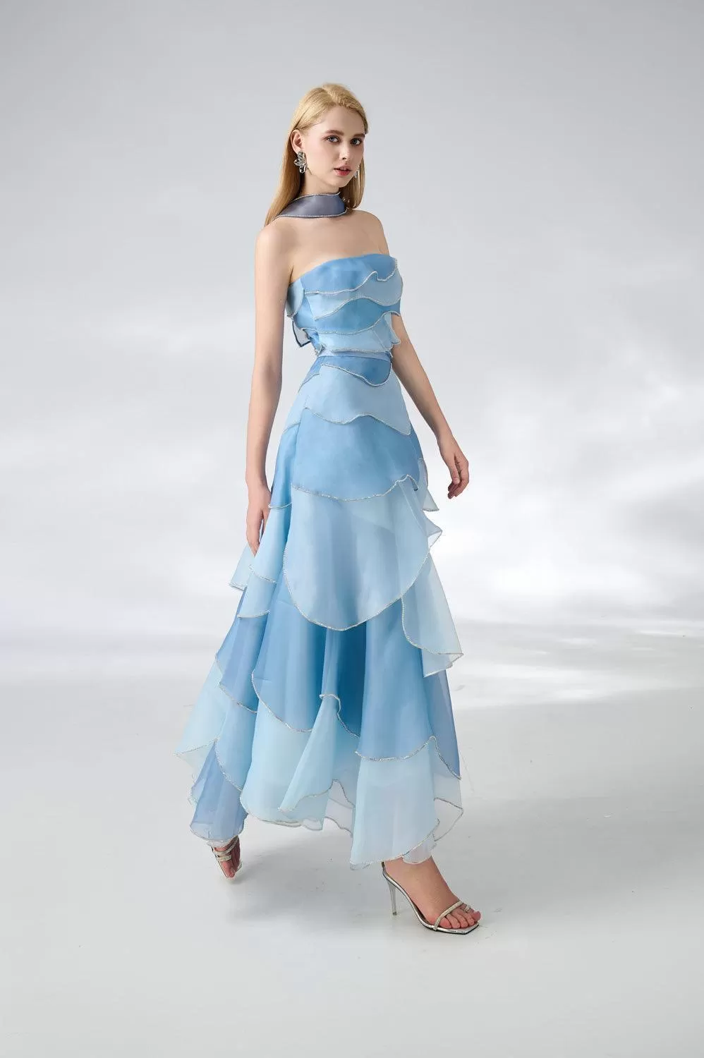 Leonard Layered Straight Across Neck Organza Ankle Length Dress