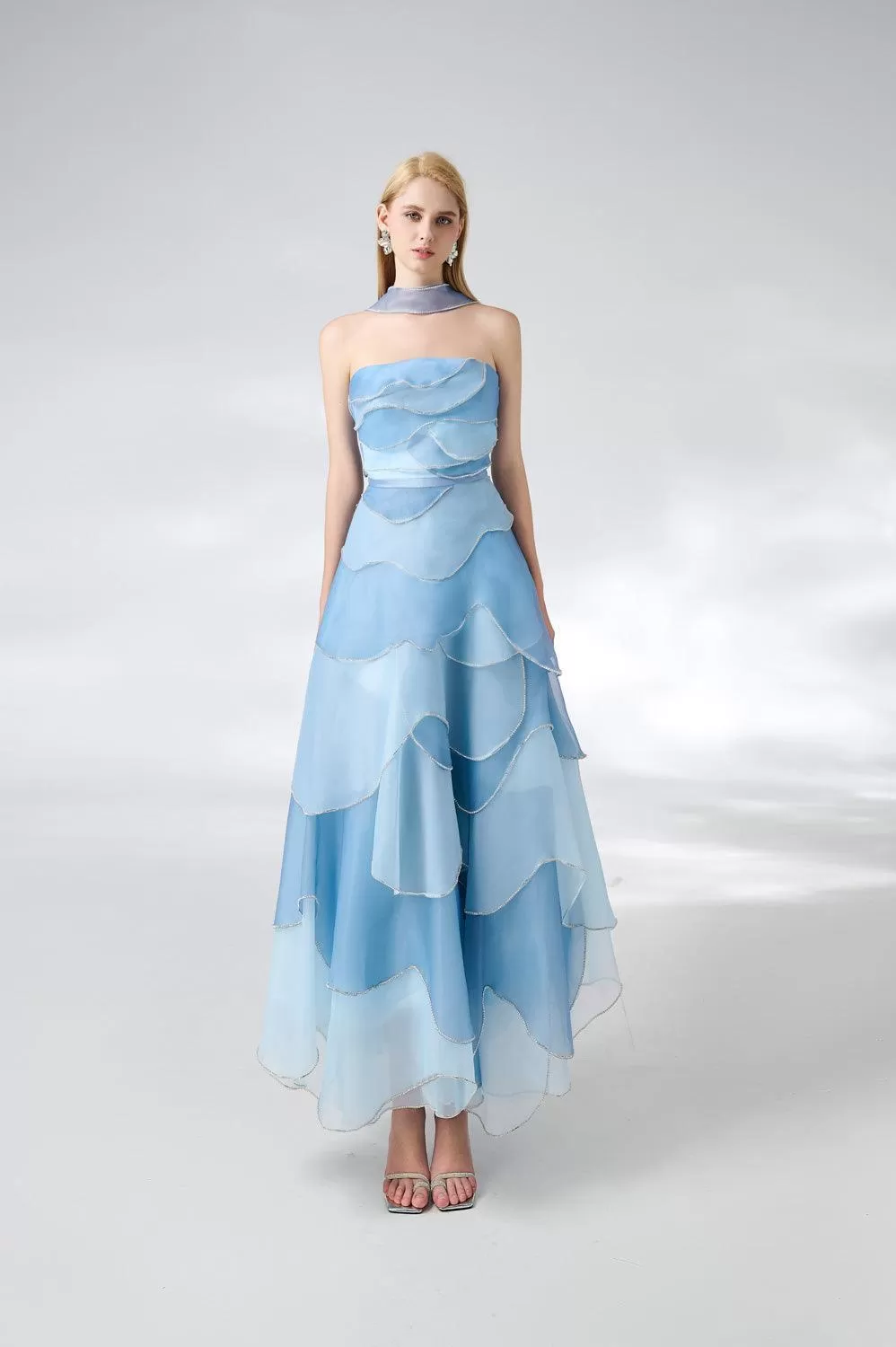 Leonard Layered Straight Across Neck Organza Ankle Length Dress