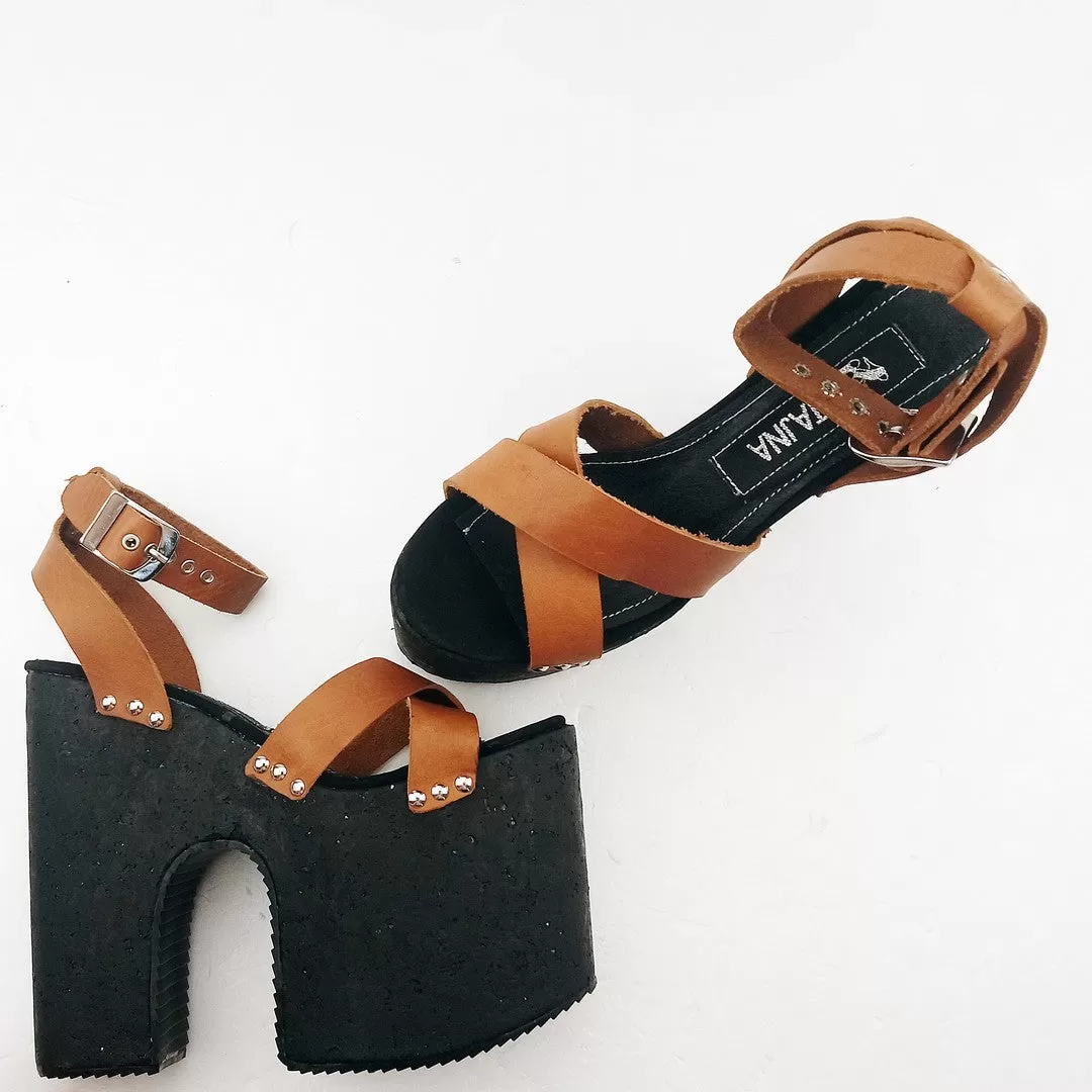 Light Brown Leather Cross Strap Platform Sabo Sandals