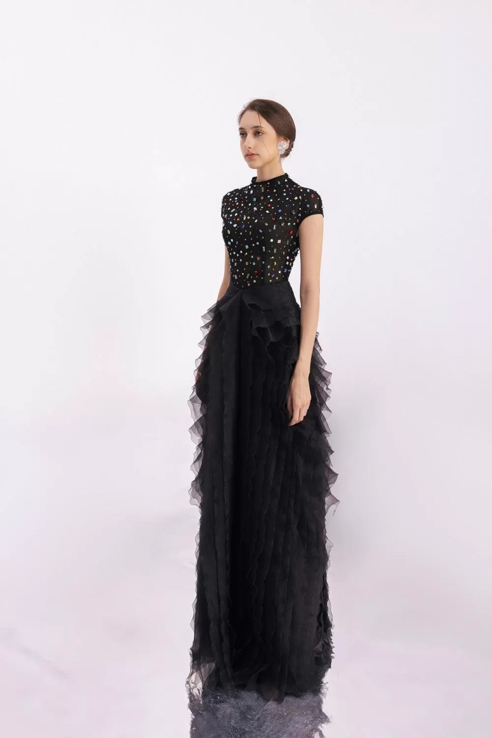 Lowery Layered Stone Organza Floor Length Dress