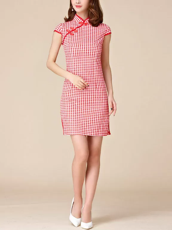 (M-3XL) Kalliope Gingham Red Plus Size Cheongsam Qipao Dress