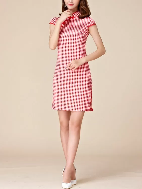 (M-3XL) Kalliope Gingham Red Plus Size Cheongsam Qipao Dress