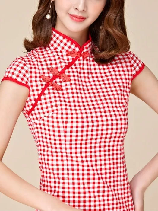 (M-3XL) Kalliope Gingham Red Plus Size Cheongsam Qipao Dress