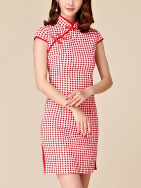 (M-3XL) Kalliope Gingham Red Plus Size Cheongsam Qipao Dress