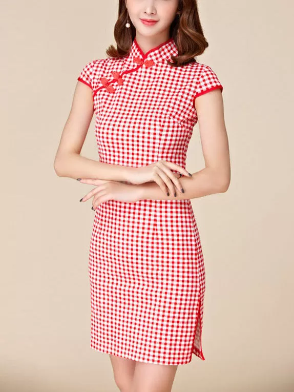 (M-3XL) Kalliope Gingham Red Plus Size Cheongsam Qipao Dress