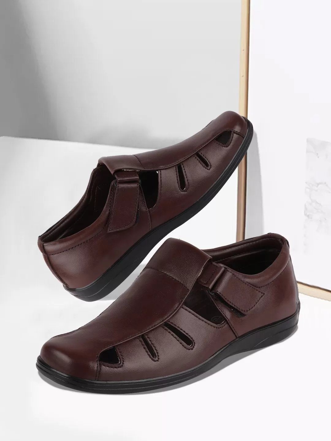 Men Brown Formal Leather Hook & Loop Flat Sandals