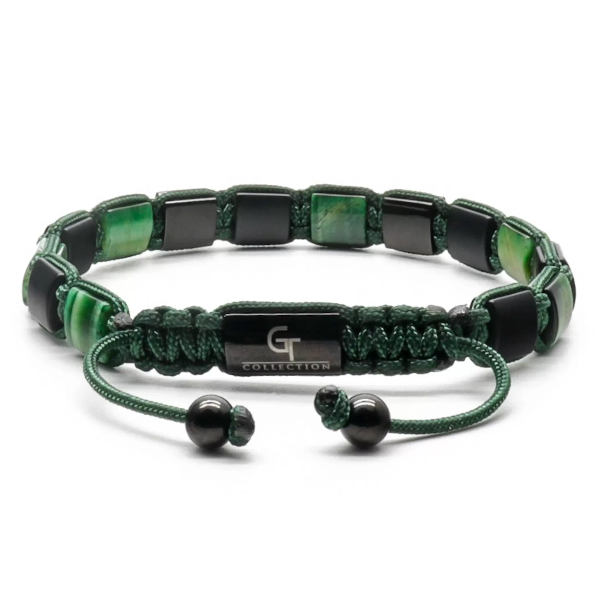 Men's GREEN TIGER EYE, MATTE ONYX Flat bead Bracelet - One Size Fits All