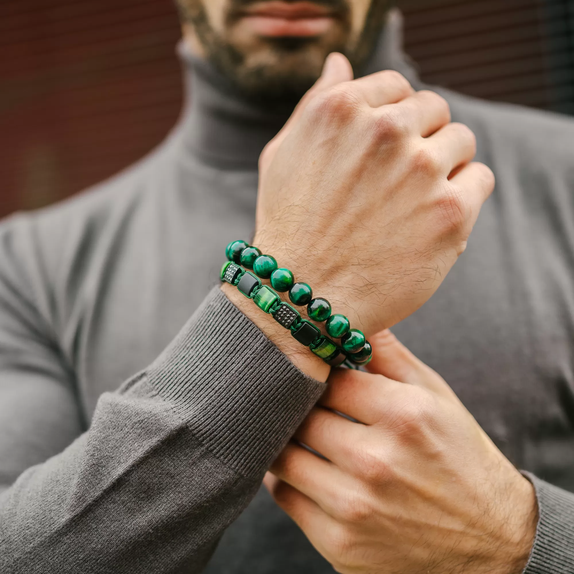 Men's GREEN TIGER EYE, MATTE ONYX Flat bead Bracelet - One Size Fits All