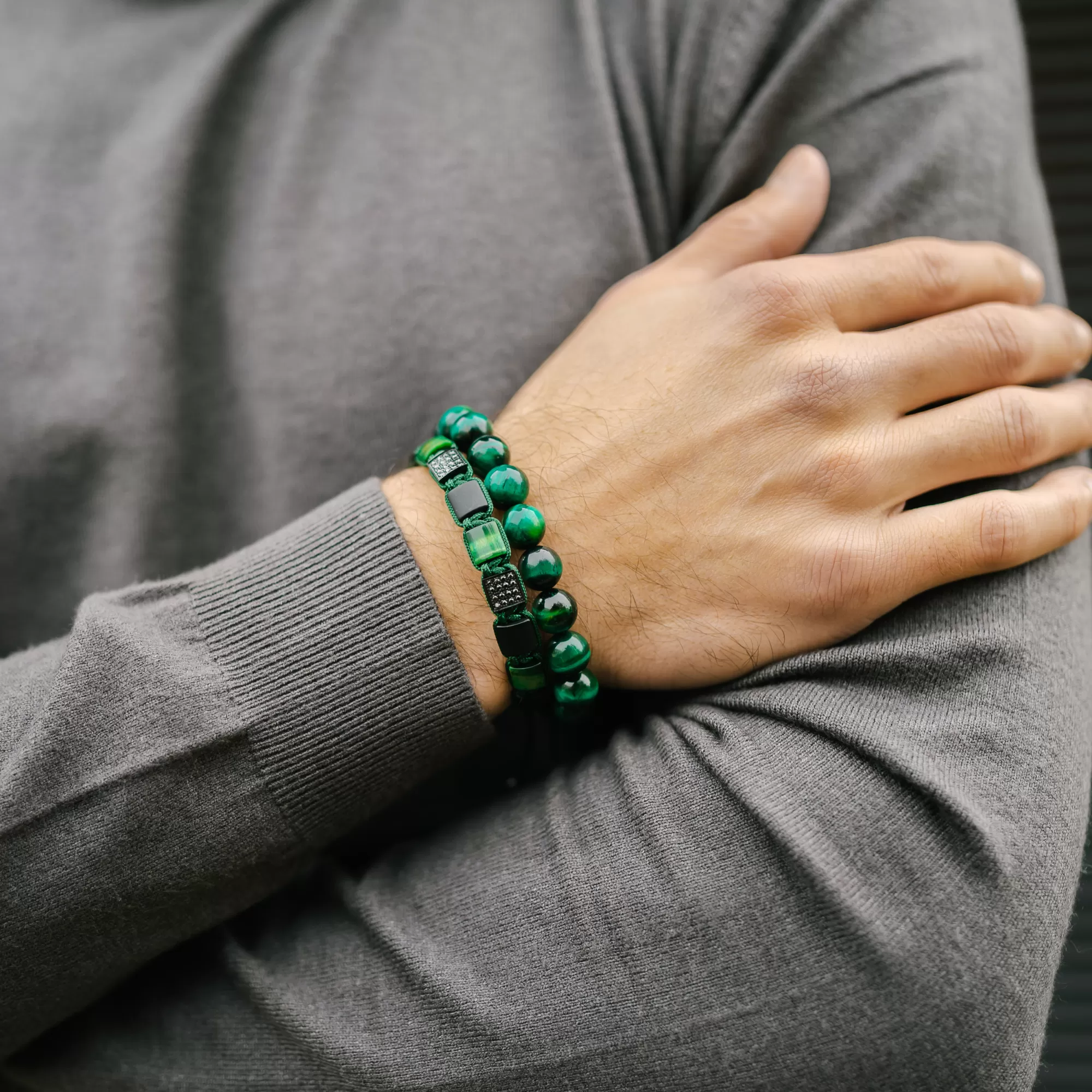 Men's GREEN TIGER EYE, MATTE ONYX Flat bead Bracelet - One Size Fits All