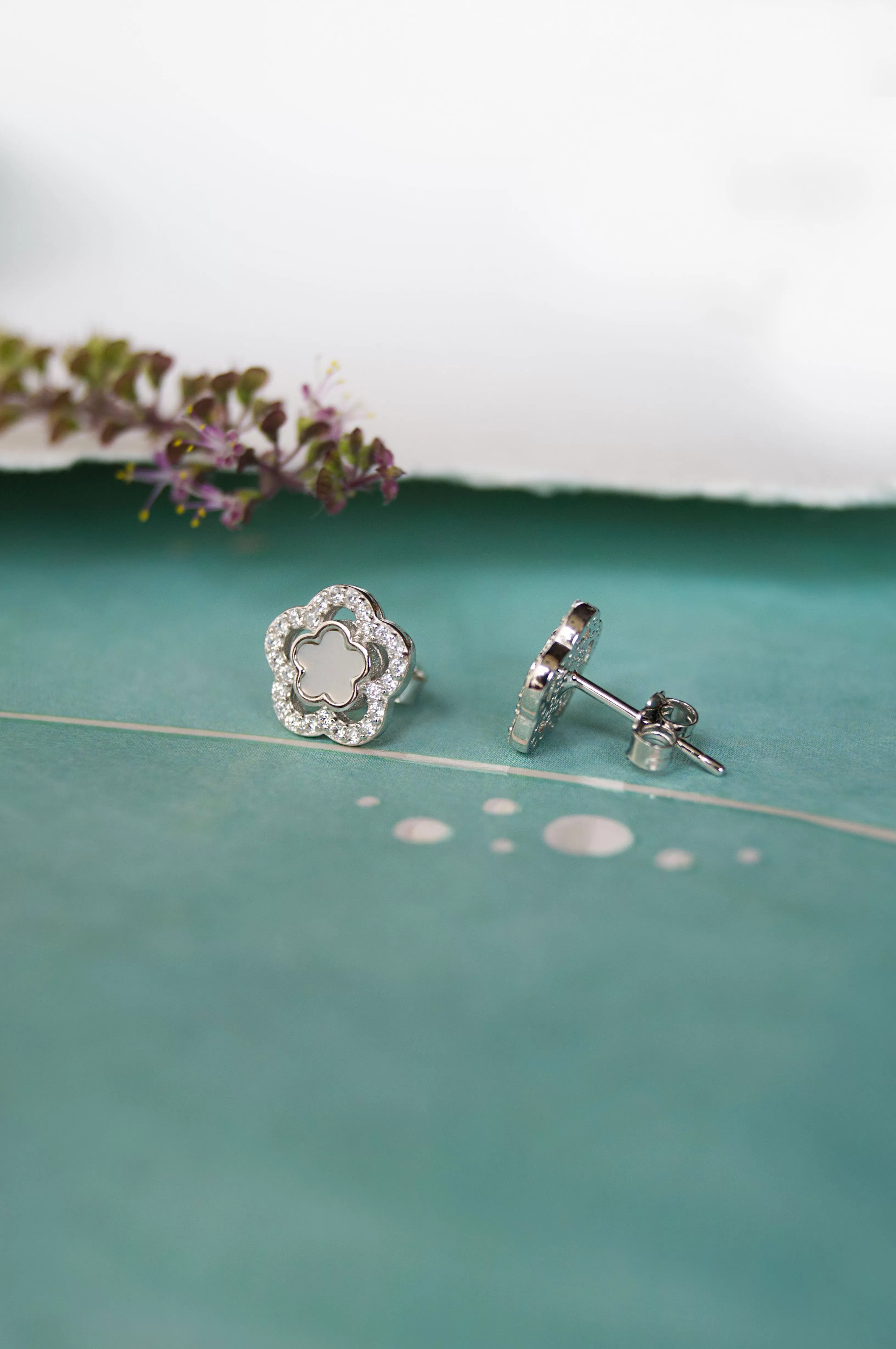 Mother Of Pearl Flower Rose Gold Plated Sterling Silver Earrings