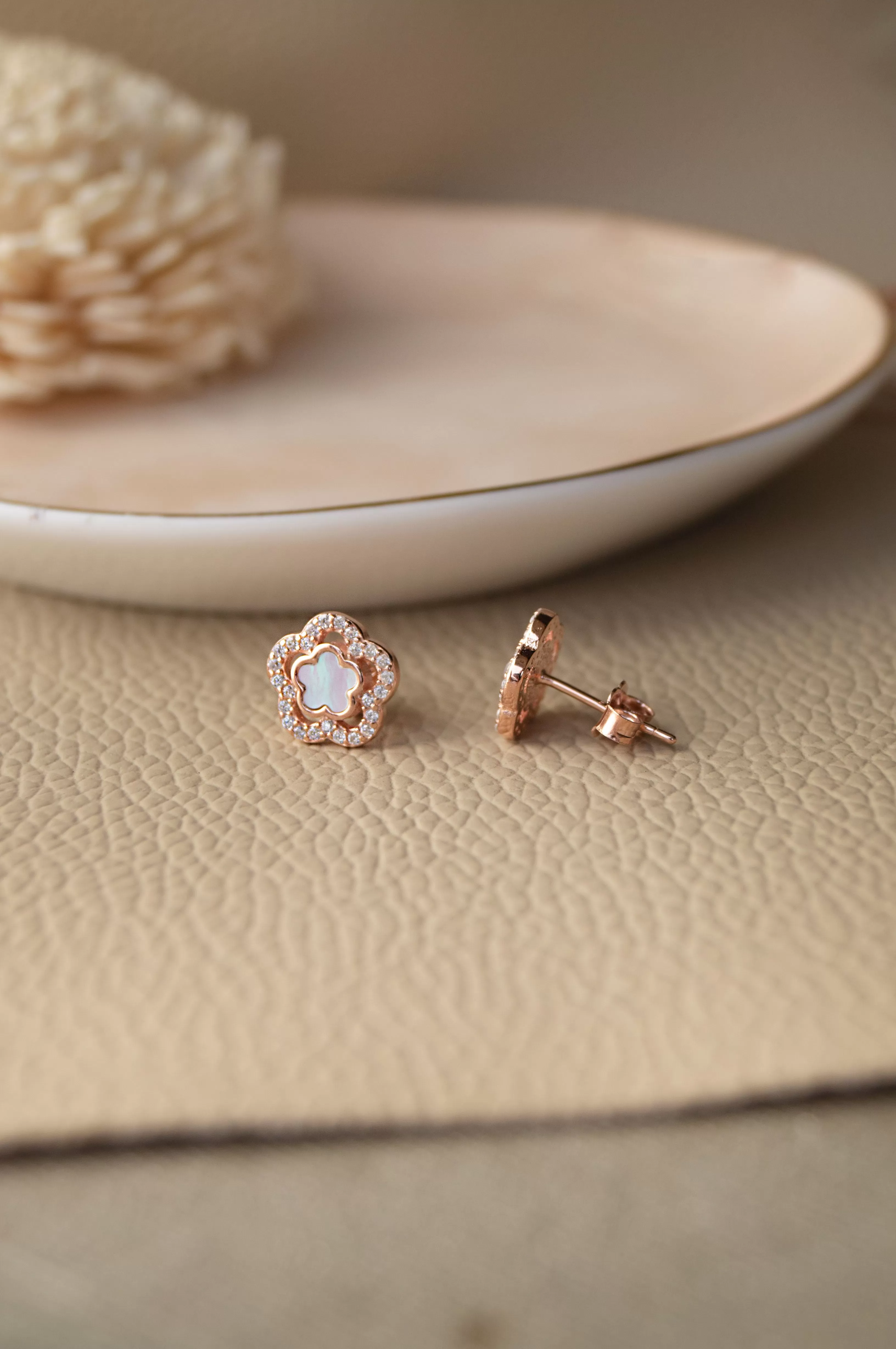 Mother Of Pearl Flower Rose Gold Plated Sterling Silver Earrings