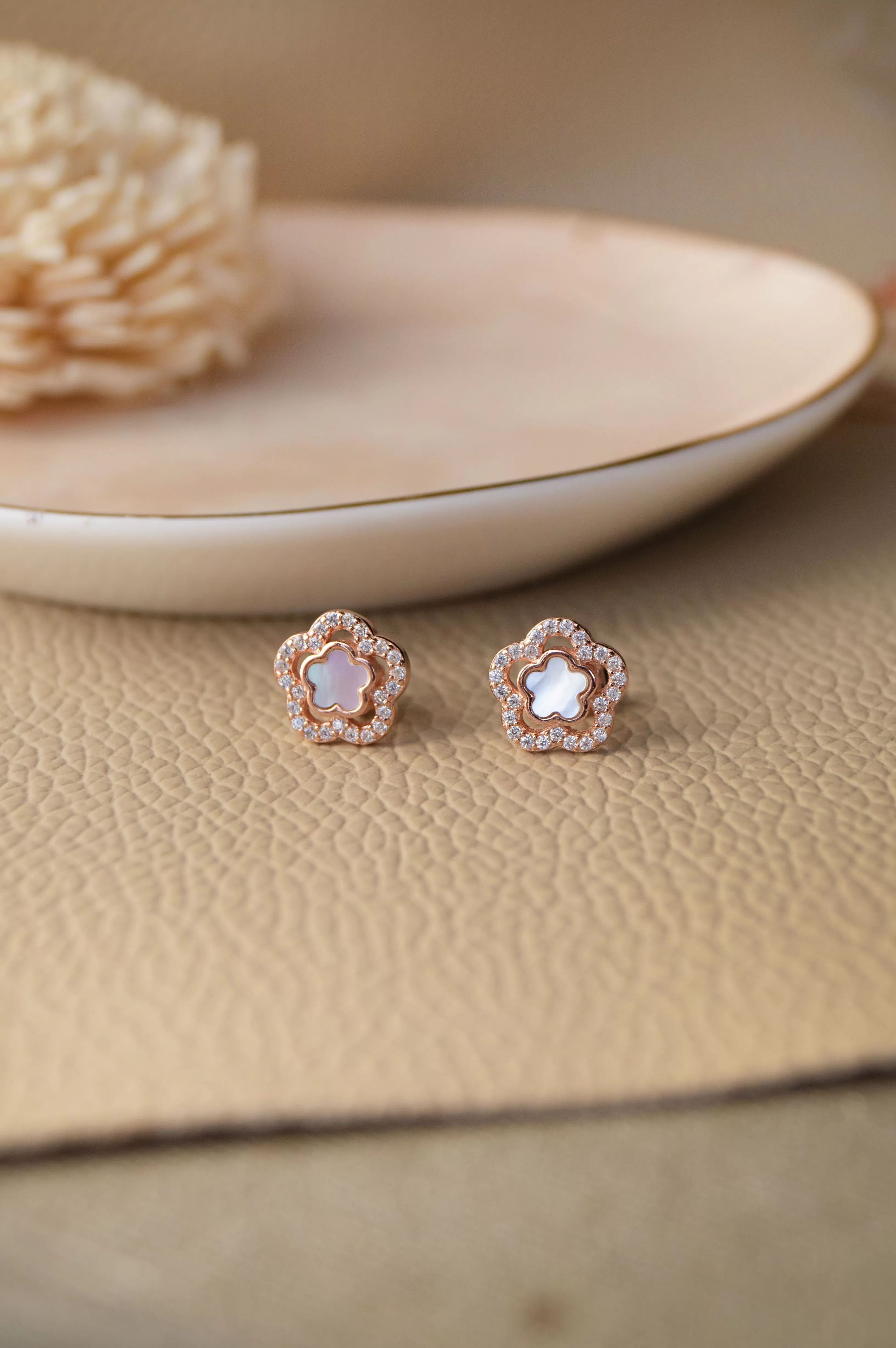 Mother Of Pearl Flower Rose Gold Plated Sterling Silver Earrings