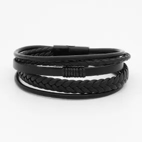 Multilayer Braided Black Leather Bracelet With Magnetic Clasp