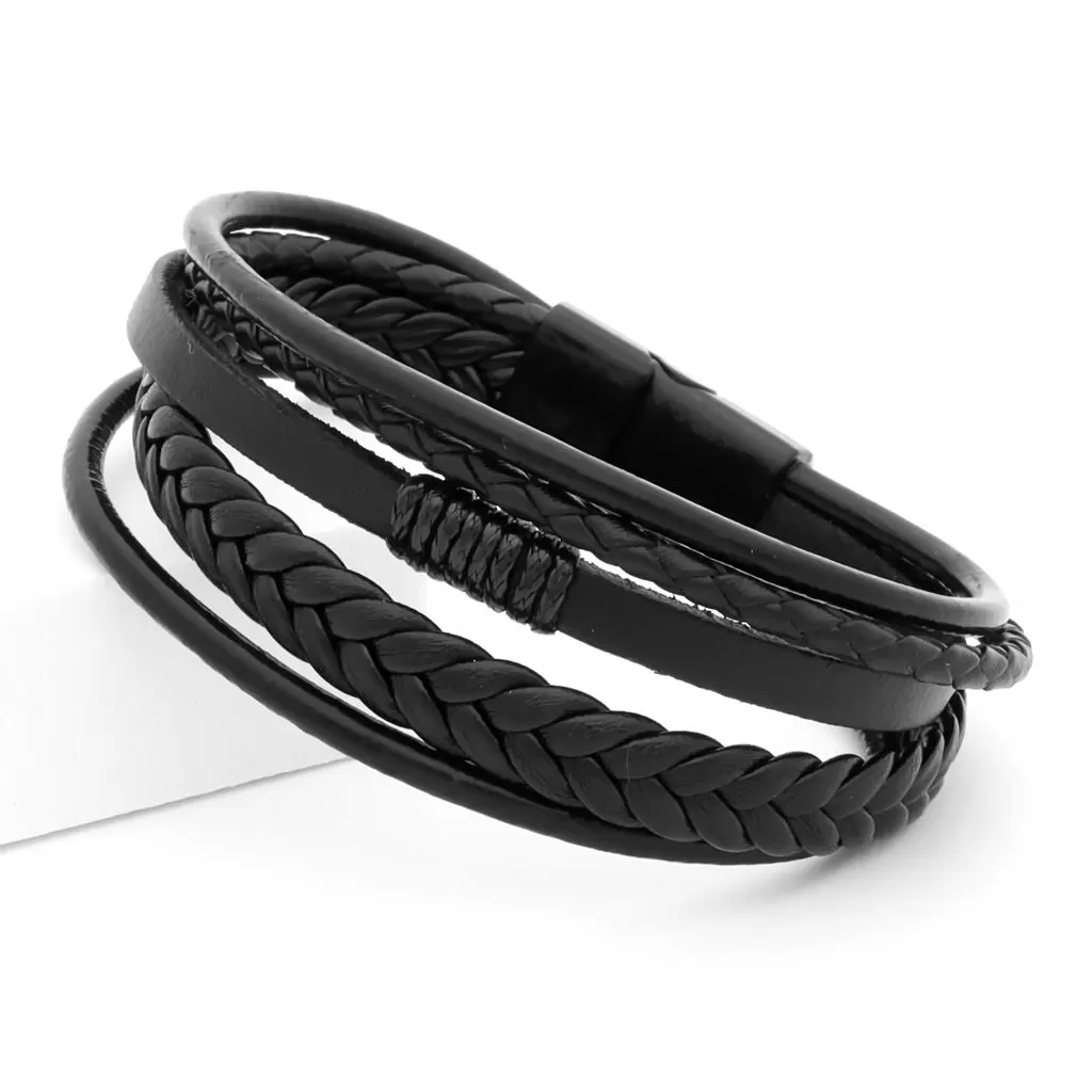 Multilayer Braided Black Leather Bracelet With Magnetic Clasp