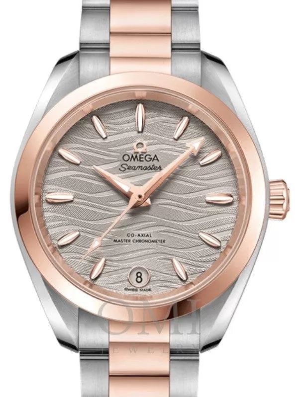 OMEGA SEAMASTER AQUA TERRA 150M CO-AXIAL MASTER CHRONOMETER 34MM STAINLESS STEEL SEDNA GOLD GREY DIAL SEDNA GOLD INDEX STEEL 220.20.34.20.06.001 WITH STEEL AND ROSE GOLD BRACELET