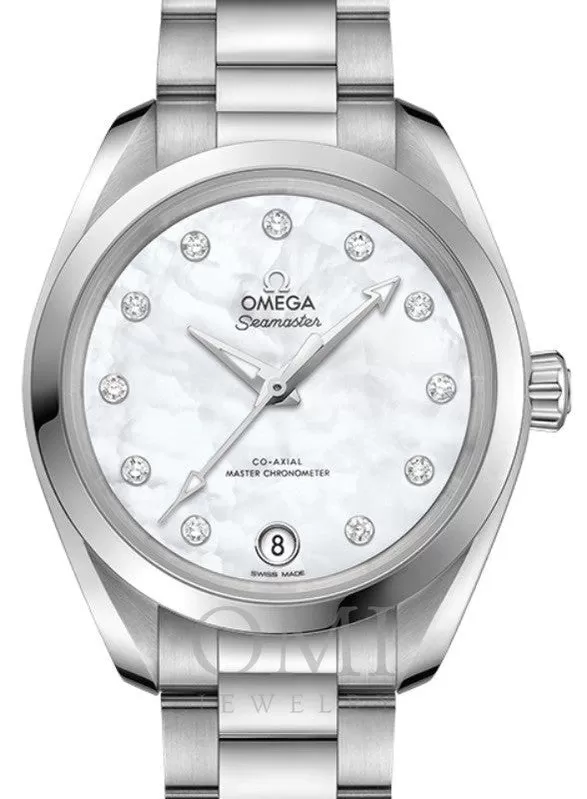 OMEGA SEAMASTER AQUA TERRA 150M CO-AXIAL MASTER CHRONOMETER 34MM STAINLESS STEEL WHITE DIAL DIAMOND SET INDEX 220.10.34.20.55.001 WITH STEEL BRACELET