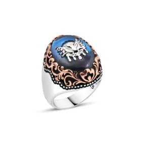 Ottoman Empire Coat of Arms on Ellipse Blue Domic Synthetic Amber Silver Men’s Ring with Wavy Top Pattern