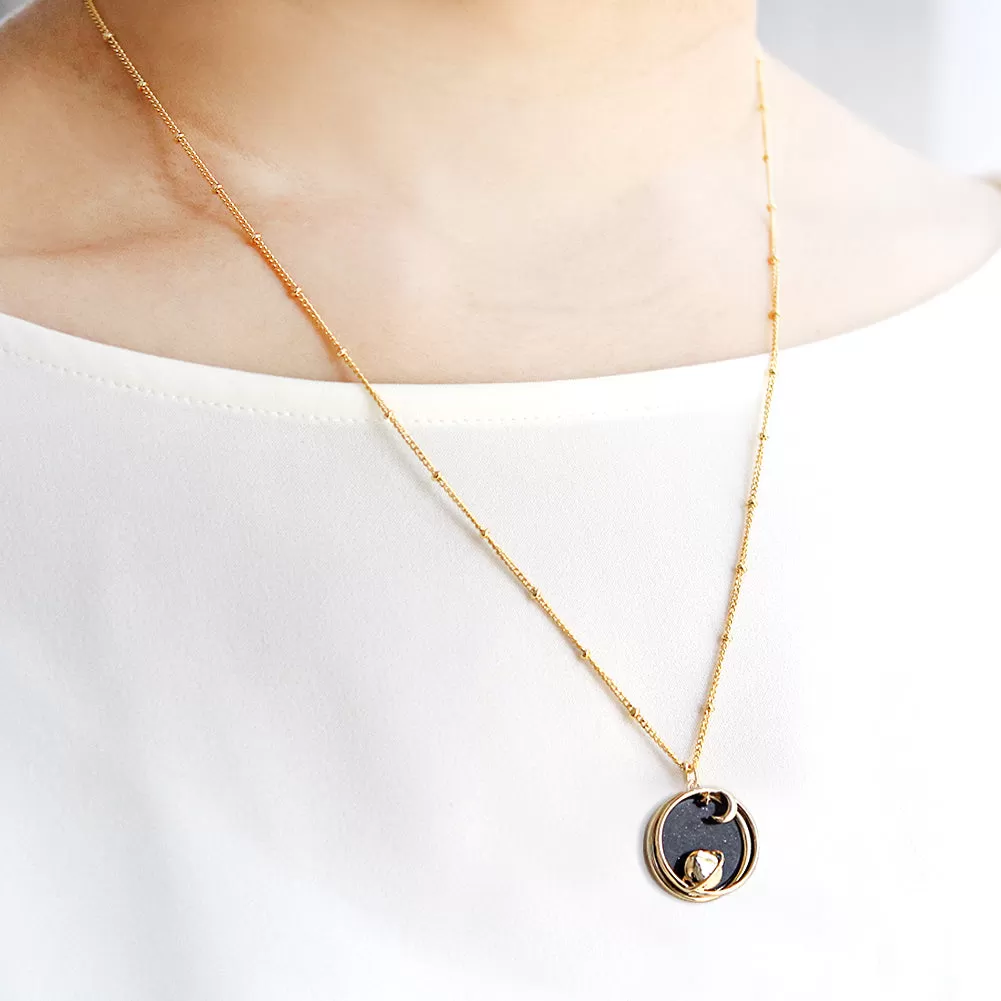 Planet and Crescent Moon_Blue Goldstone Disc Pendant Necklace, 21.5 inches