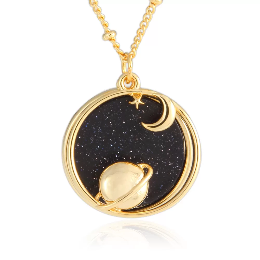 Planet and Crescent Moon_Blue Goldstone Disc Pendant Necklace, 21.5 inches