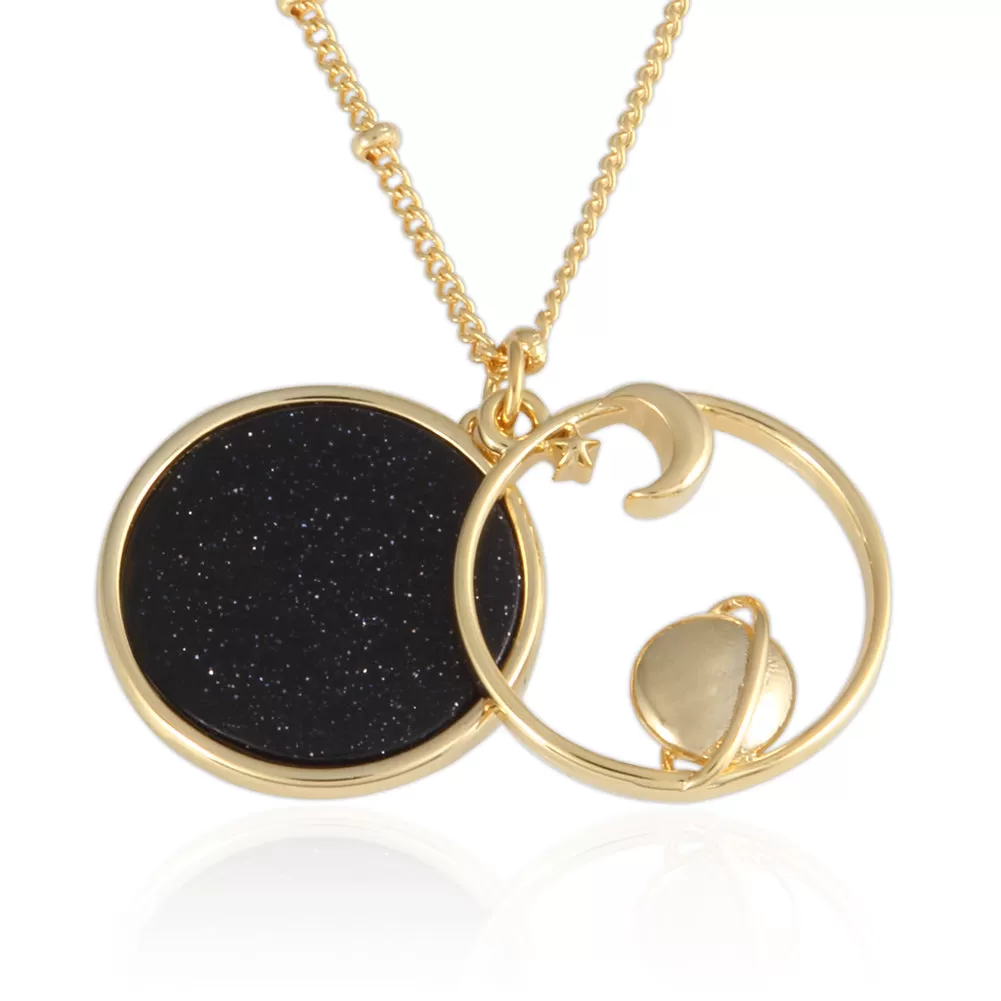 Planet and Crescent Moon_Blue Goldstone Disc Pendant Necklace, 21.5 inches