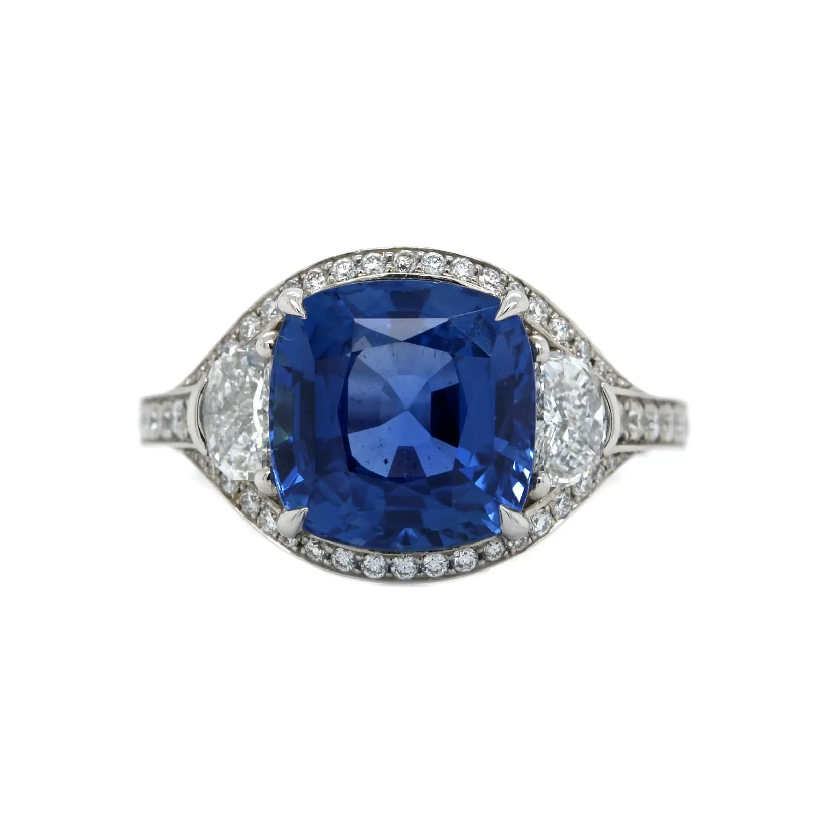 Platinum Cushion Cut Sapphire and Diamond Halo Ring