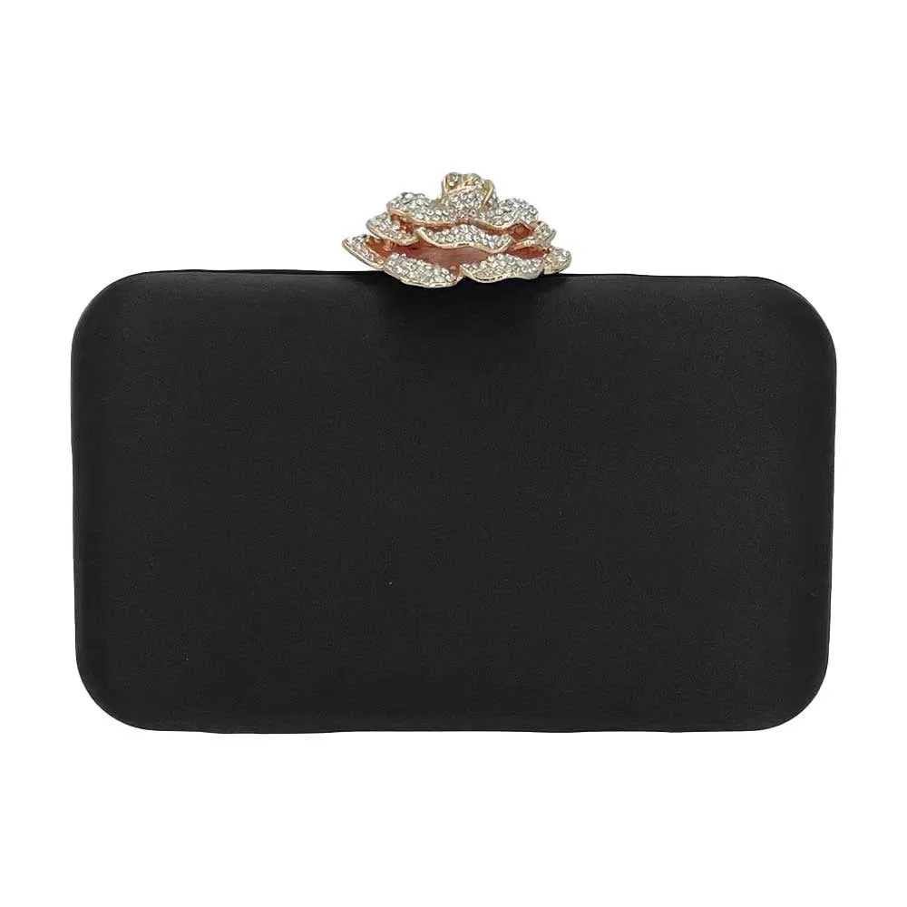 Rhinestone Pave Rose Clasp Evening Clutch Bag