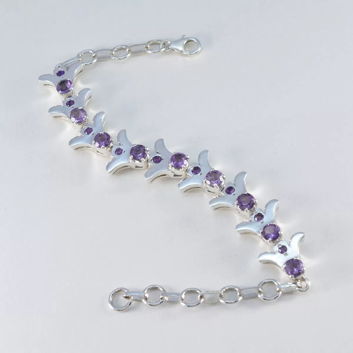 Riyo Gemstone 925 Sterling Silver Bracelet For Girls Amethyst Bracelet Prong Setting Bracelet with Fish Hook Link Bracelet L Size 6-8.5 Inch.