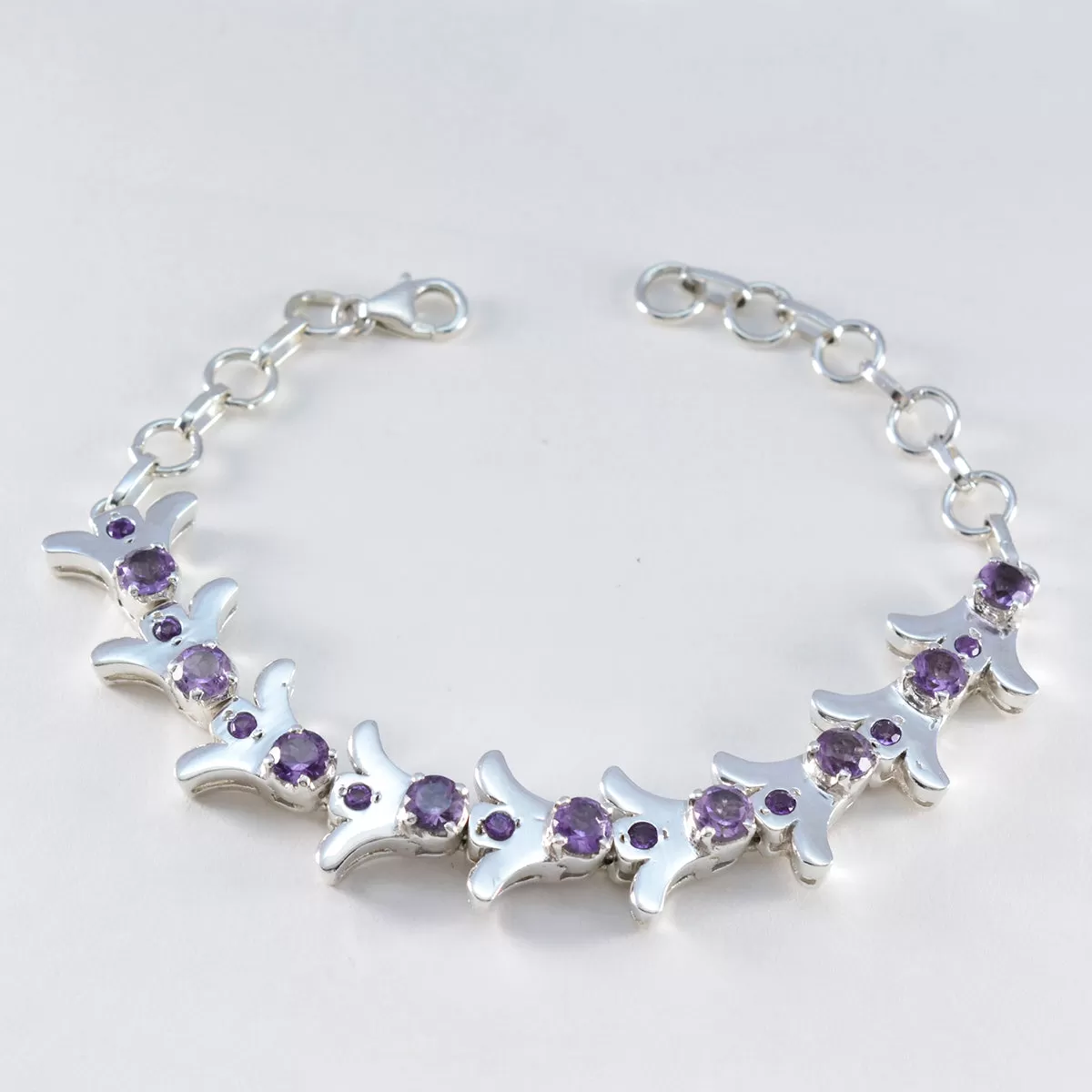 Riyo Gemstone 925 Sterling Silver Bracelet For Girls Amethyst Bracelet Prong Setting Bracelet with Fish Hook Link Bracelet L Size 6-8.5 Inch.