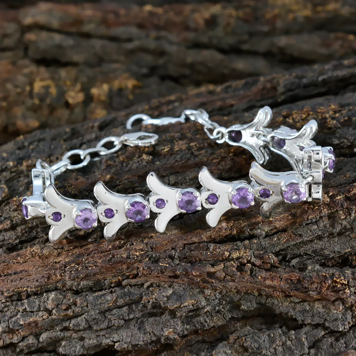 Riyo Gemstone 925 Sterling Silver Bracelet For Girls Amethyst Bracelet Prong Setting Bracelet with Fish Hook Link Bracelet L Size 6-8.5 Inch.