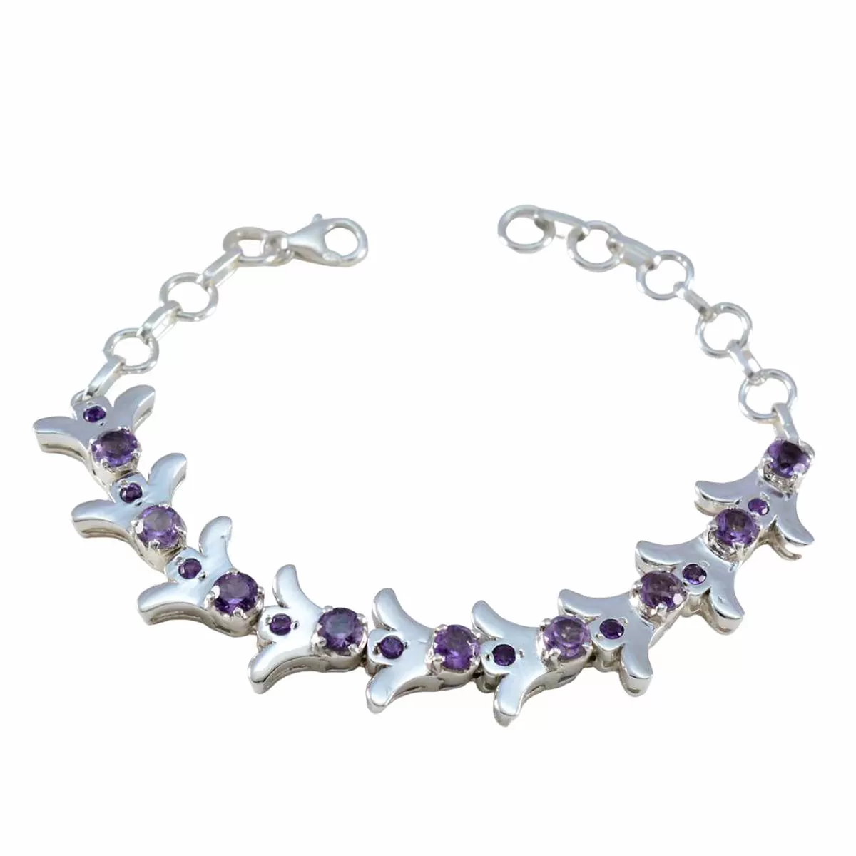 Riyo Gemstone 925 Sterling Silver Bracelet For Girls Amethyst Bracelet Prong Setting Bracelet with Fish Hook Link Bracelet L Size 6-8.5 Inch.