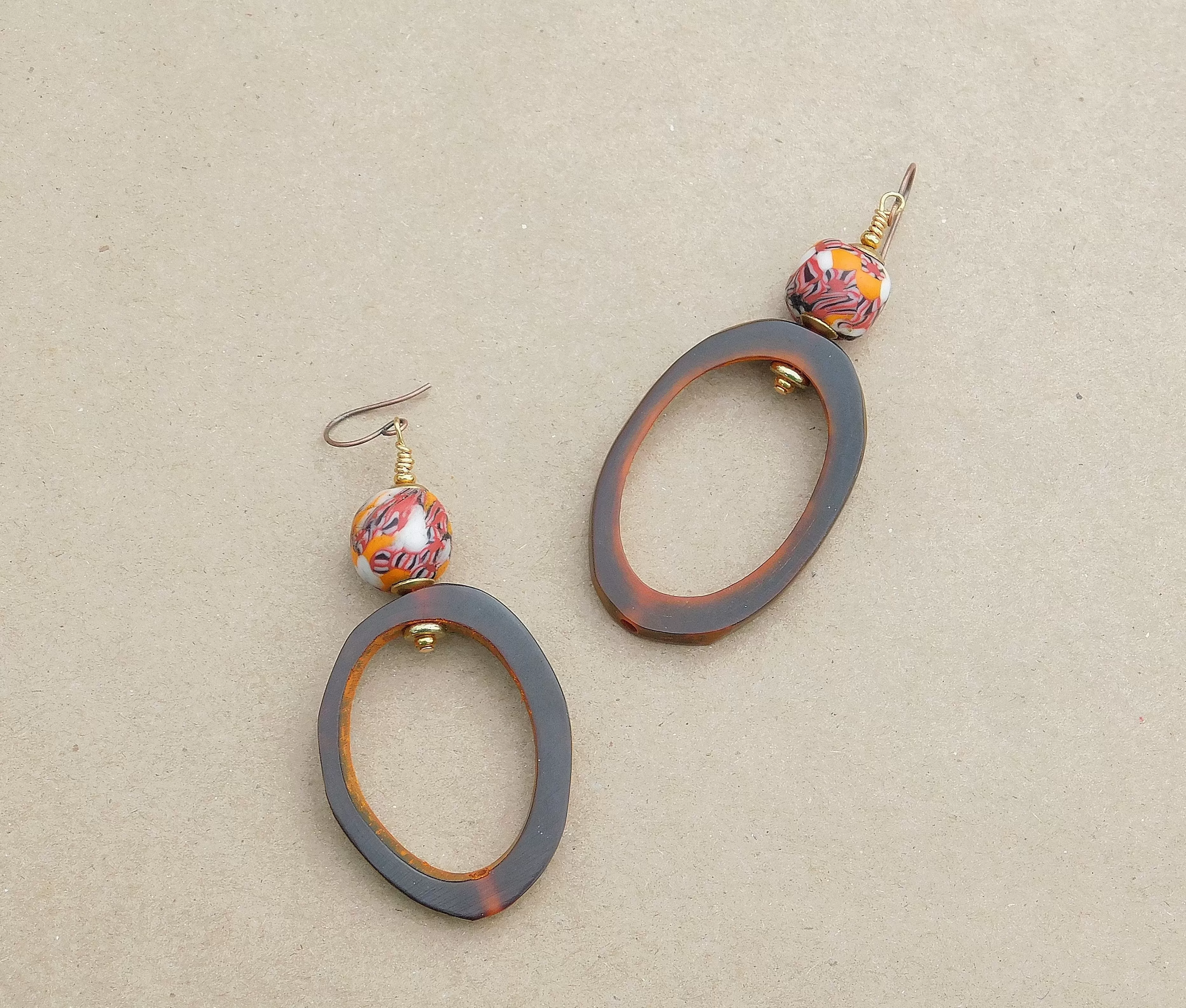 Rustic Natural Amber and with Colorful Krobo Bead Earrings