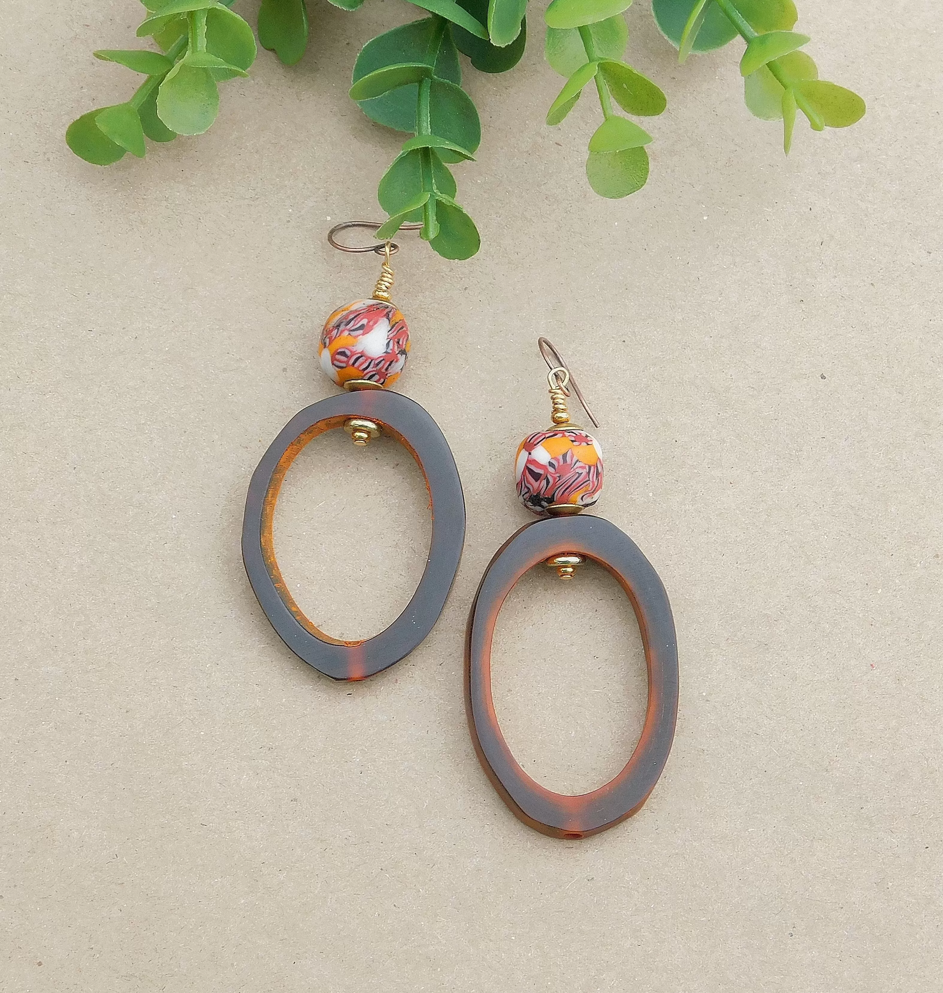 Rustic Natural Amber and with Colorful Krobo Bead Earrings