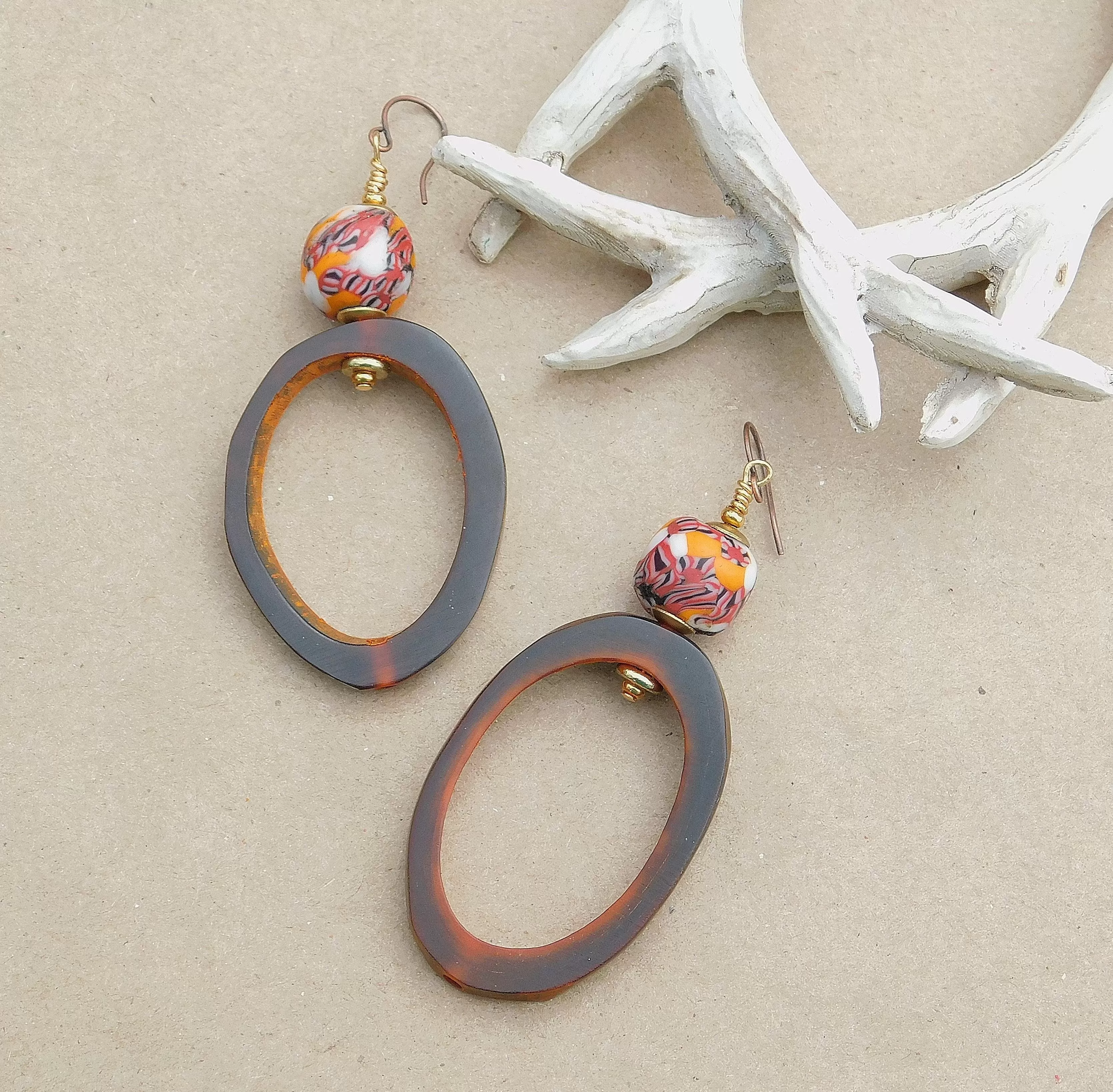 Rustic Natural Amber and with Colorful Krobo Bead Earrings