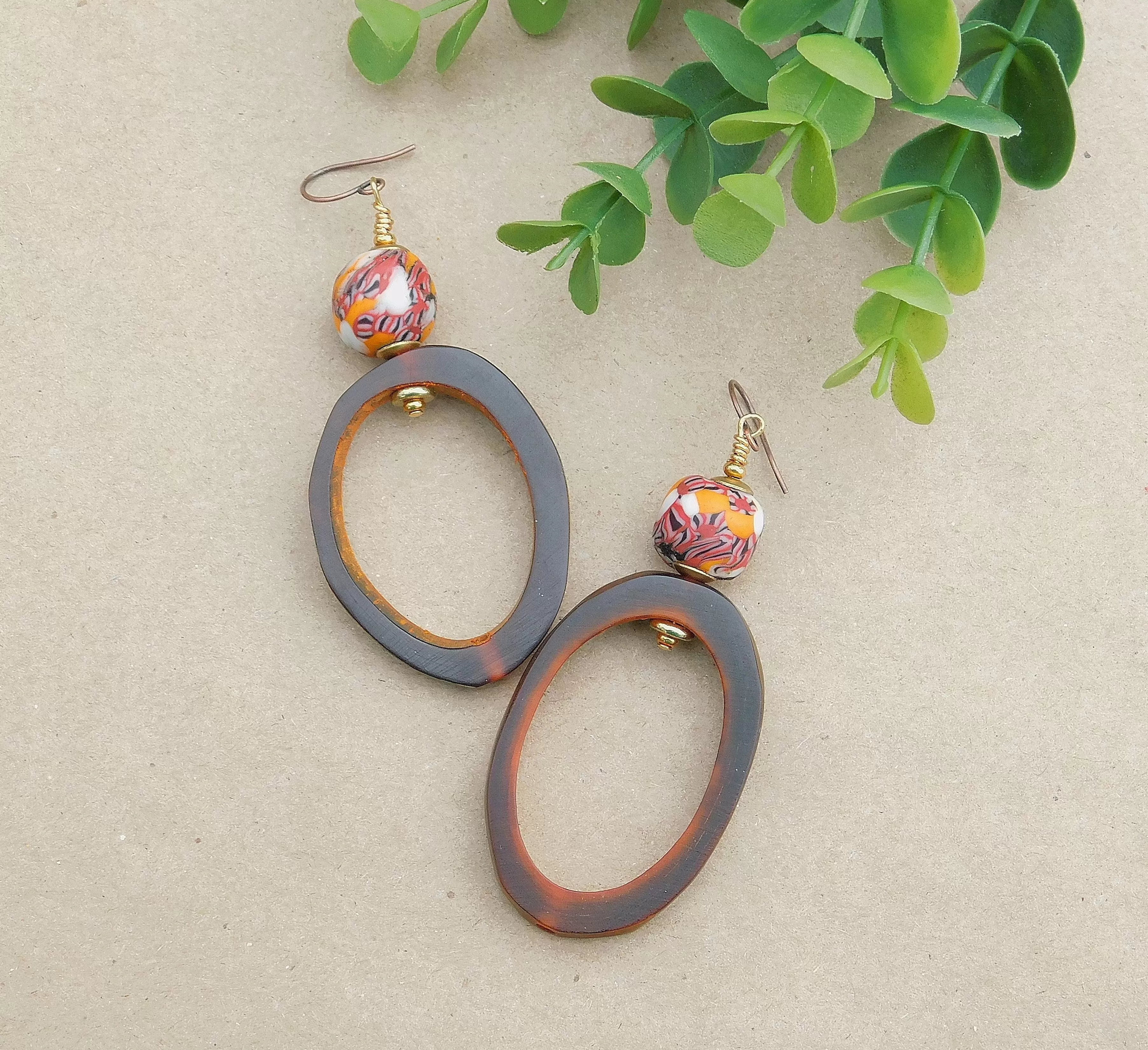 Rustic Natural Amber and with Colorful Krobo Bead Earrings