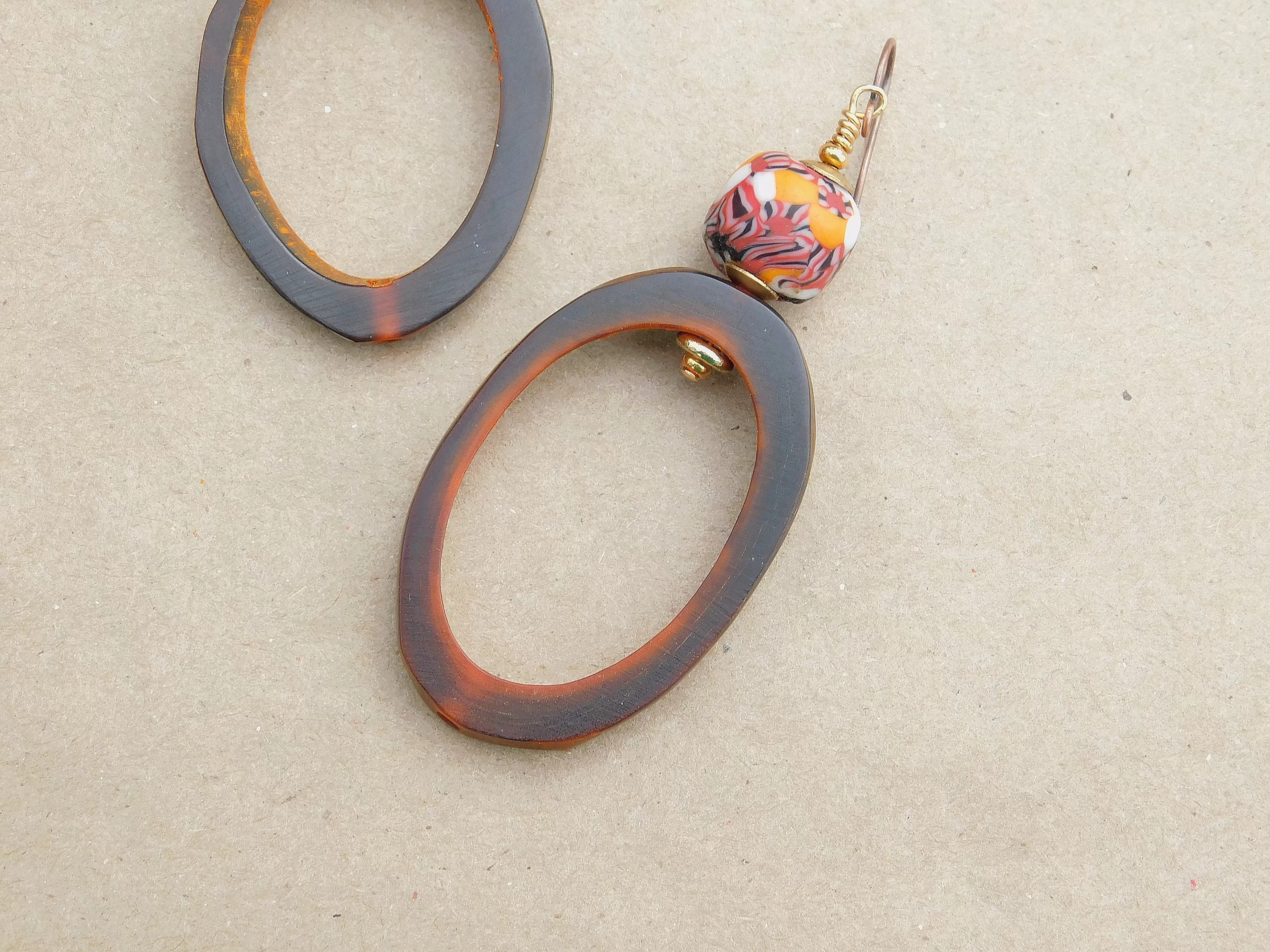 Rustic Natural Amber and with Colorful Krobo Bead Earrings