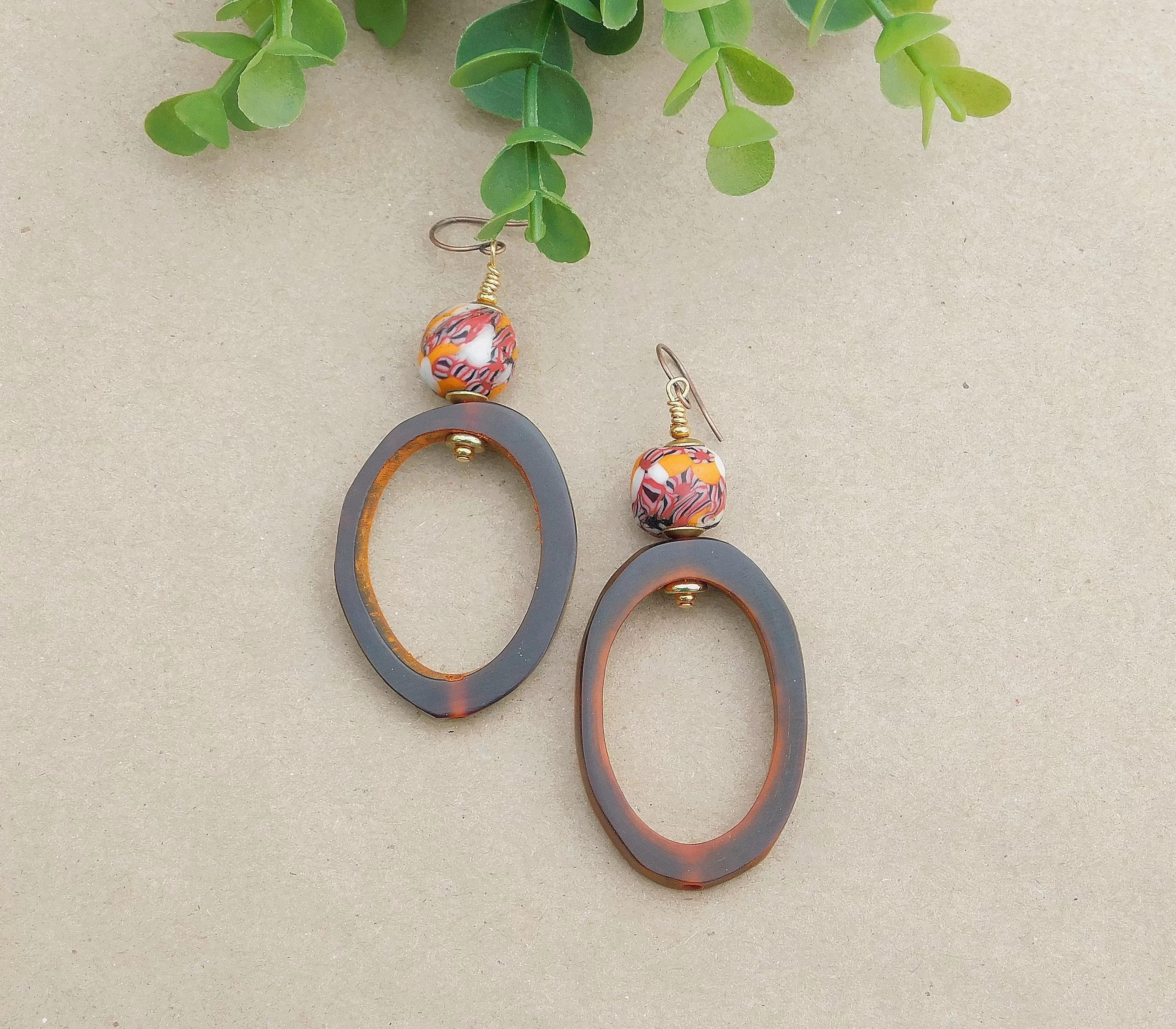 Rustic Natural Amber and with Colorful Krobo Bead Earrings