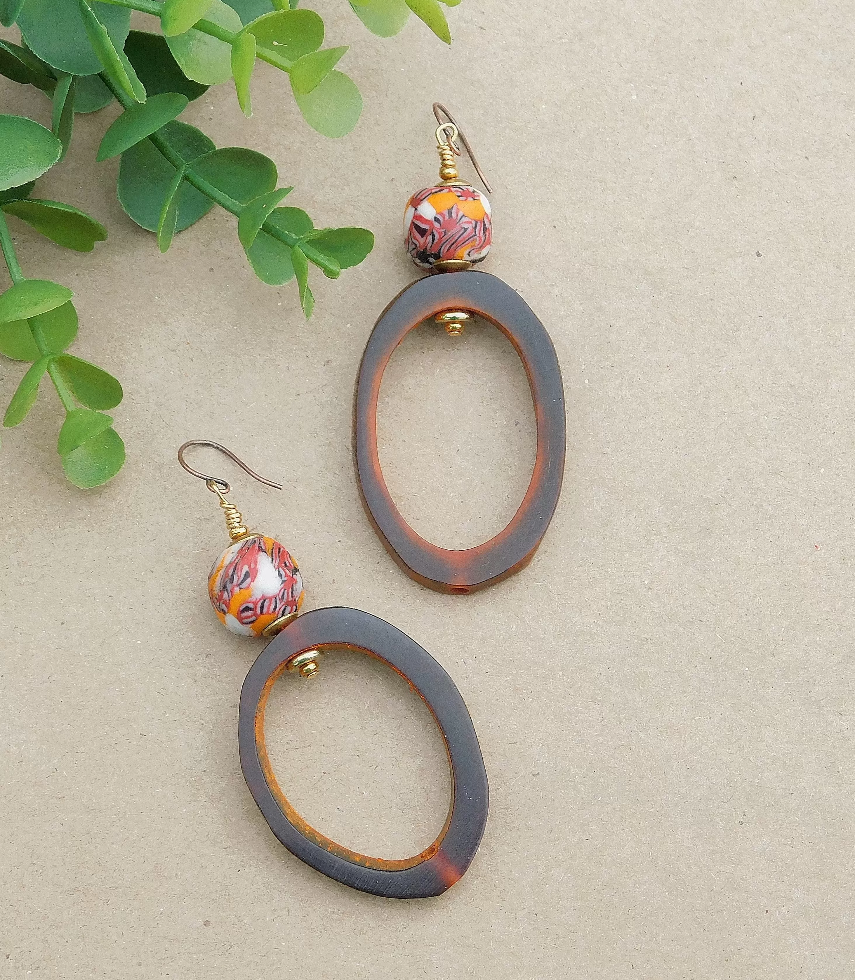 Rustic Natural Amber and with Colorful Krobo Bead Earrings