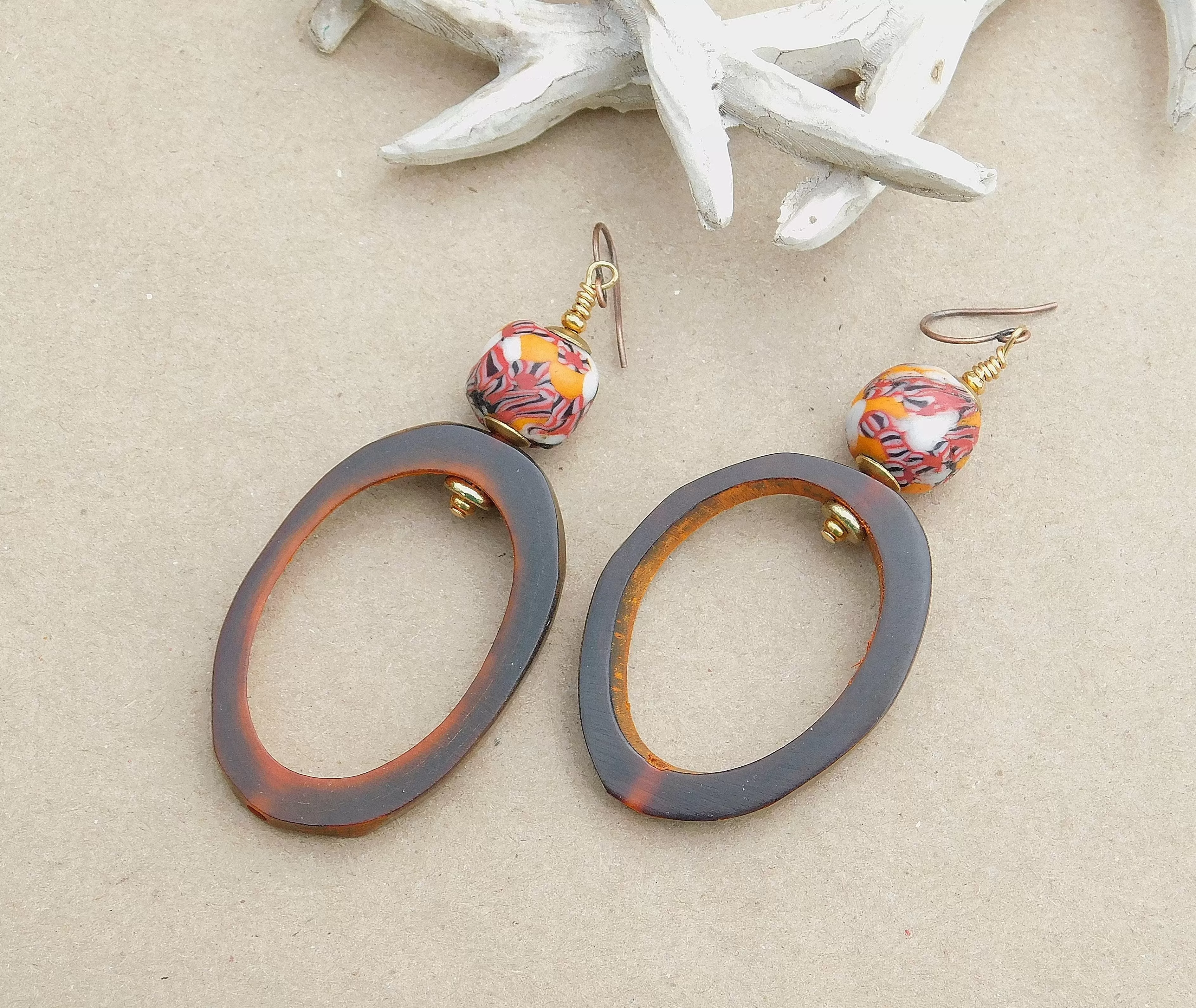 Rustic Natural Amber and with Colorful Krobo Bead Earrings