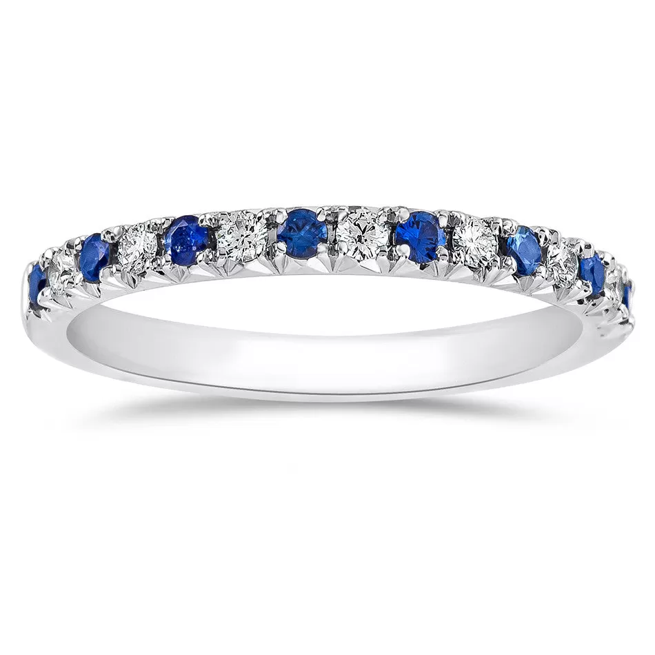 Sapphire & Diamond Prong Set French Cut White Gold Wedding Band Ring 14K