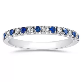 Sapphire & Diamond Prong Set French Cut White Gold Wedding Band Ring 14K