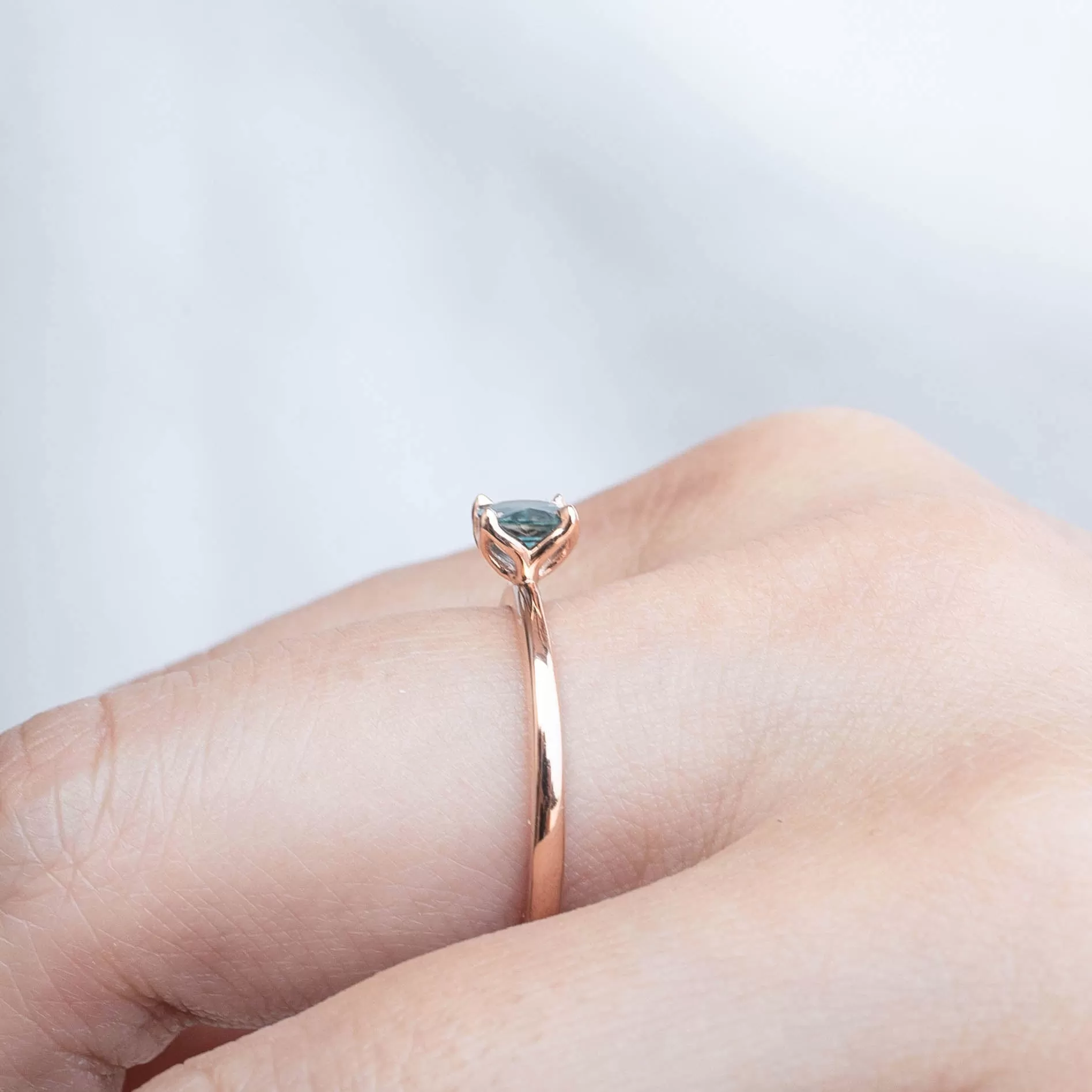 Sara Ring 5mm 0.60ct Teal Blue Montana Sapphire, 14k rose gold