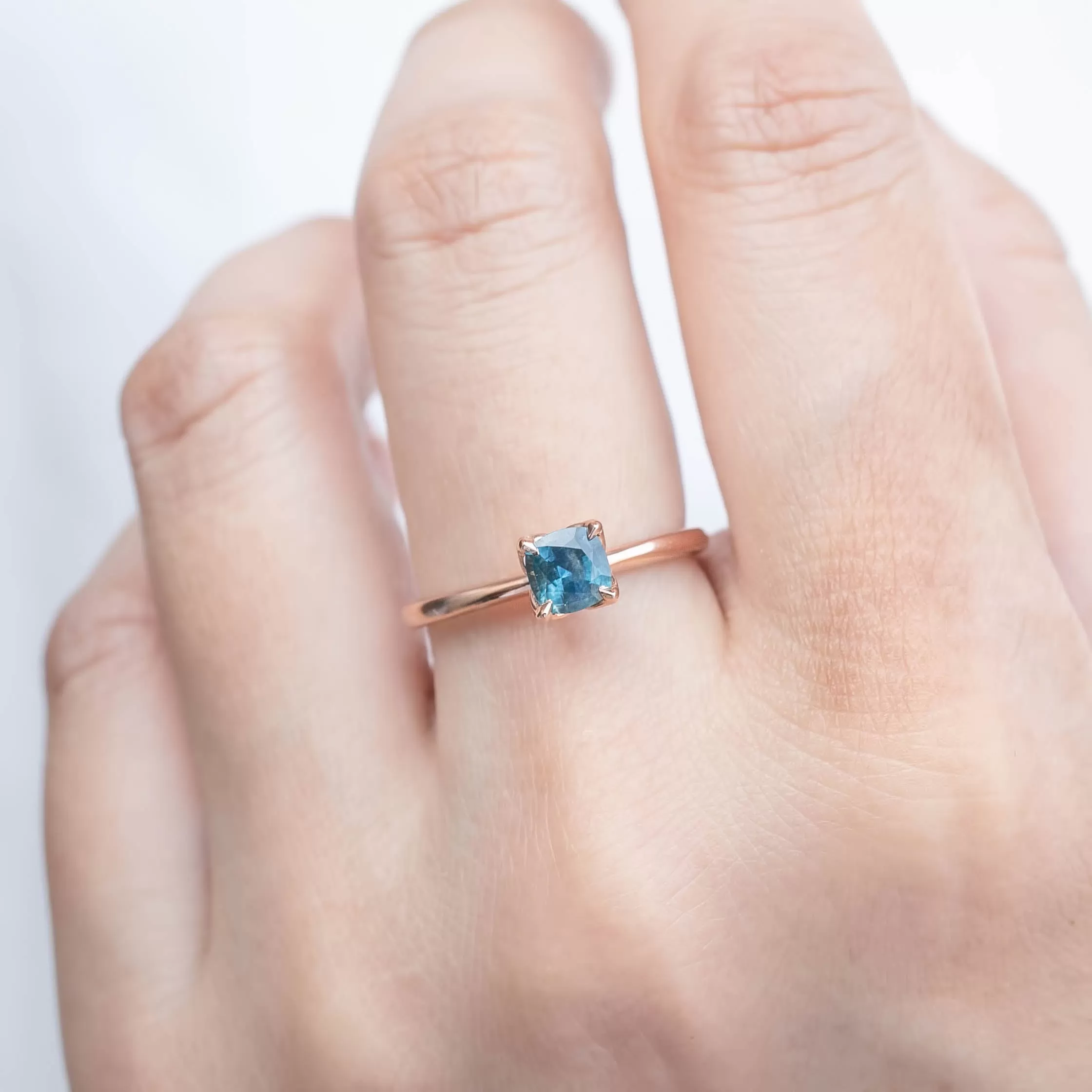 Sara Ring 5mm 0.60ct Teal Blue Montana Sapphire, 14k rose gold