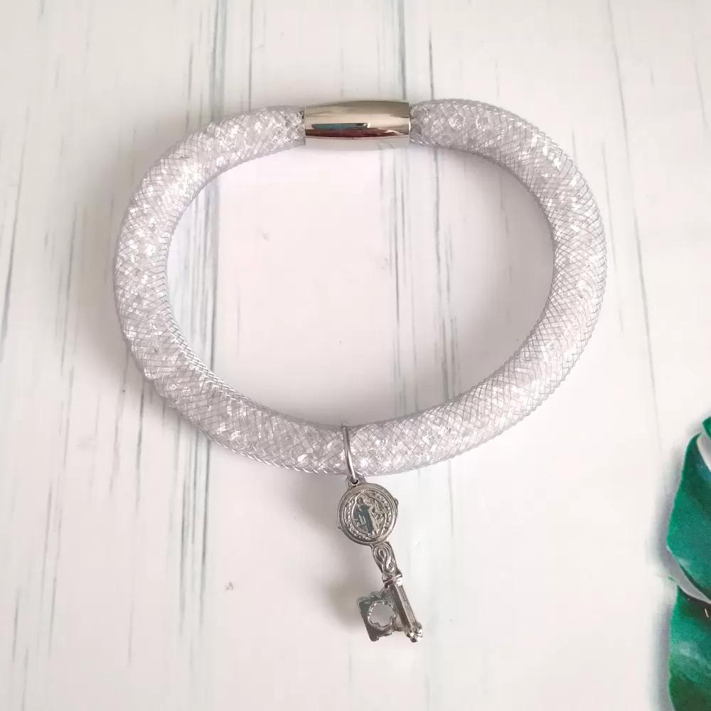 Silver Crystal Mesh Key Bracelet